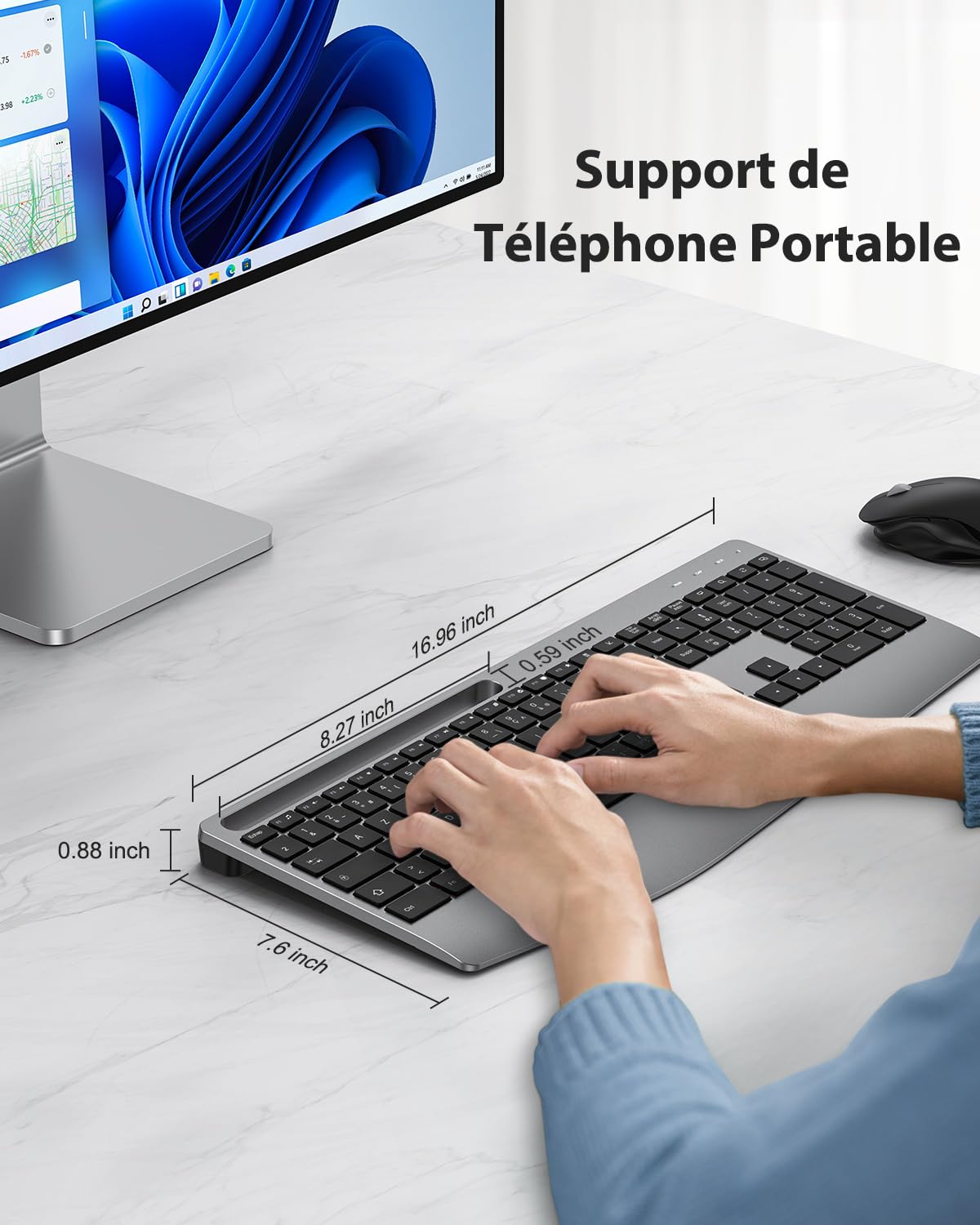 TECURS Teclado francés AZERTY inalámbrico ergonómico con reposamuñecas, 2,4 G inalámbrico Teclado silencioso Recargable, retroiluminado, Teclado para Ordenador para Windows