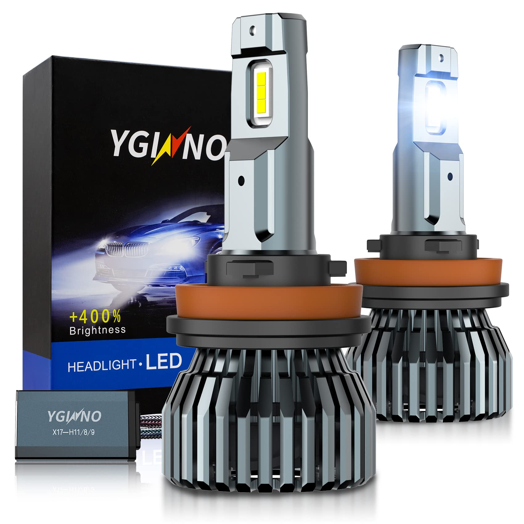 YGINNO H11 H9 H8 LED Headlight Bulbs, 100W 20000 Lumens 500% Brighter H11 LED Headlights Conversion Kit, High Power CSP Chips 6500K Bright White Low Beam/Fog Light, IP68 Waterproof, Pack of 2