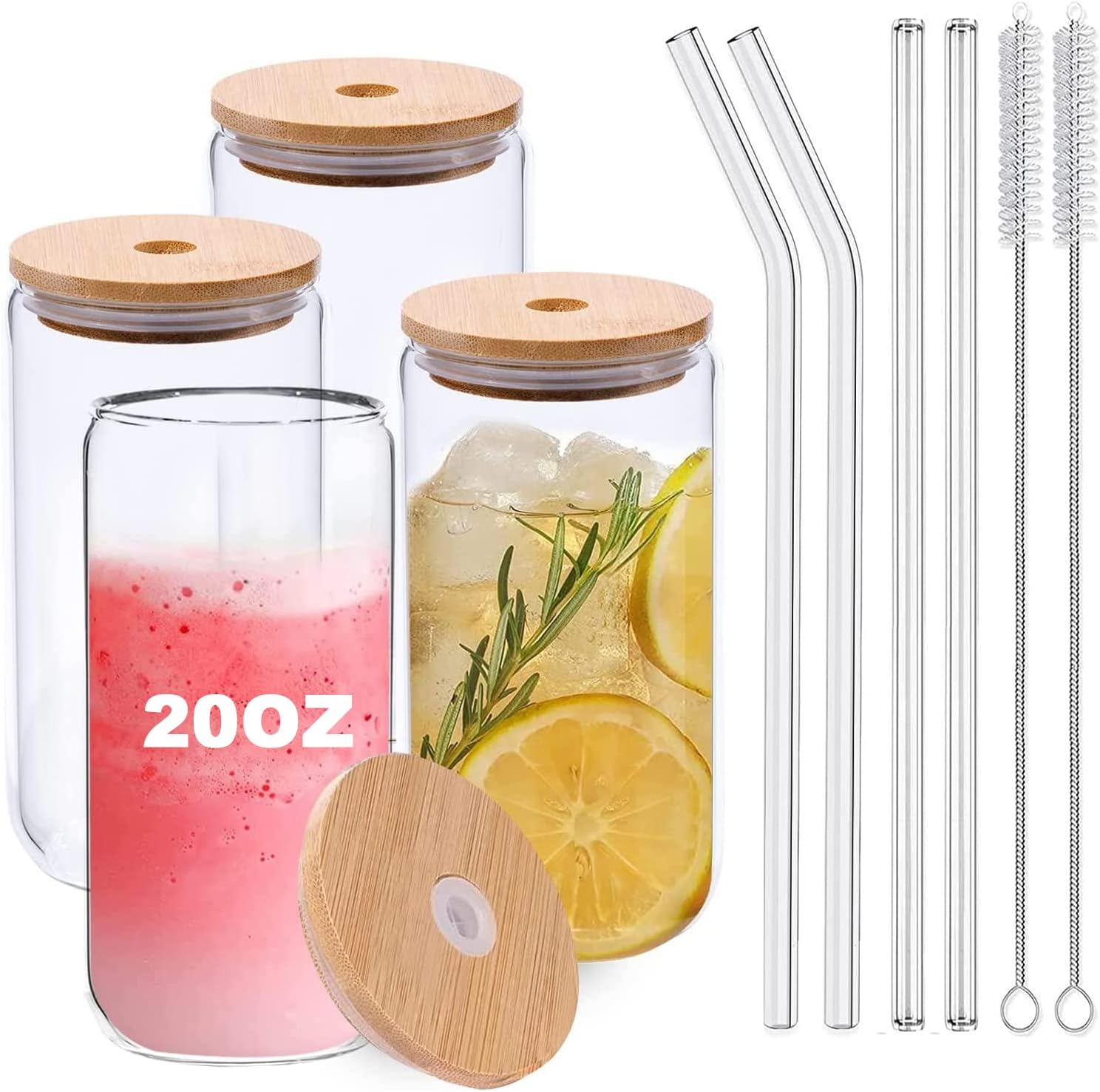  | [4 pack, 20 Oz] DESIGN•MASTER Premium Can Glasses with Bamboo Lids and Glass Straws, Can Shaped Beer Glasses, Can Tumbler Glasses, Perfect for Beer, Cocktail, Iced Coffee, Iced Tea and Soda.: Iced Tea Glasses