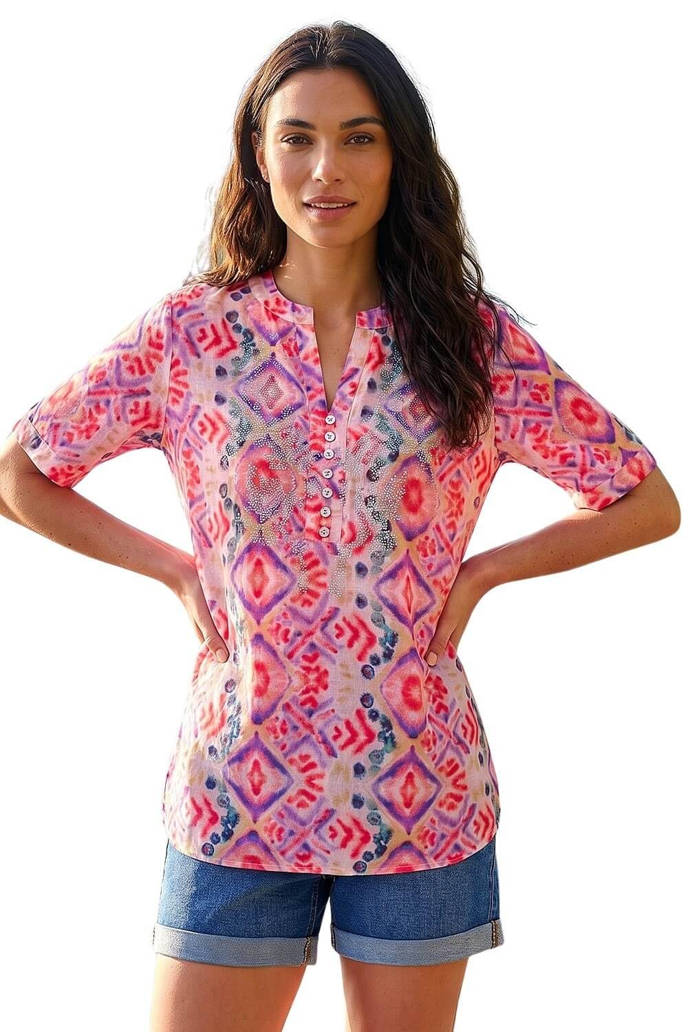 Roman Originals Scarf Print Hotfix Buttoned Top for Women UK - Ladies Everyday Holiday Spring Summer V-Neckline Comfy Soft Evening Vacation Work Party Purple