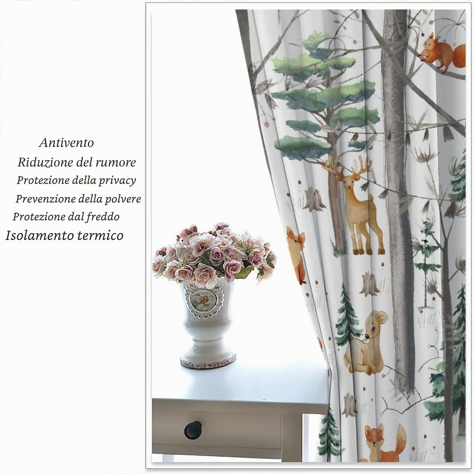YCness Tende per finestre con animali della foresta del bosco, volpe, alci, orso, acquerello, tende per cameretta dei bambini, soggiorno, tende rustiche per finestre, set di 2 pannelli, 106 x 114 cm