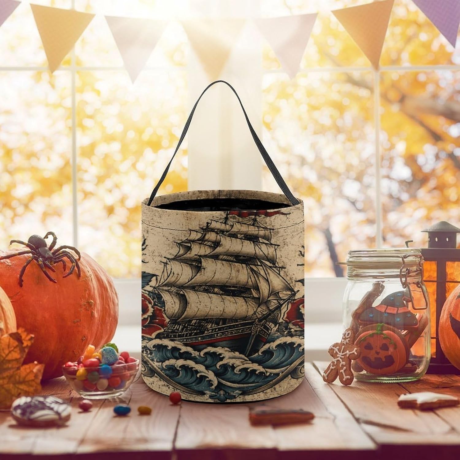 Sailing Ship Flower Halloween Trick Or Treat Bucket Candy Tote Hand‑held Pouch for Cosplay Theme Party Gift Storage image 5