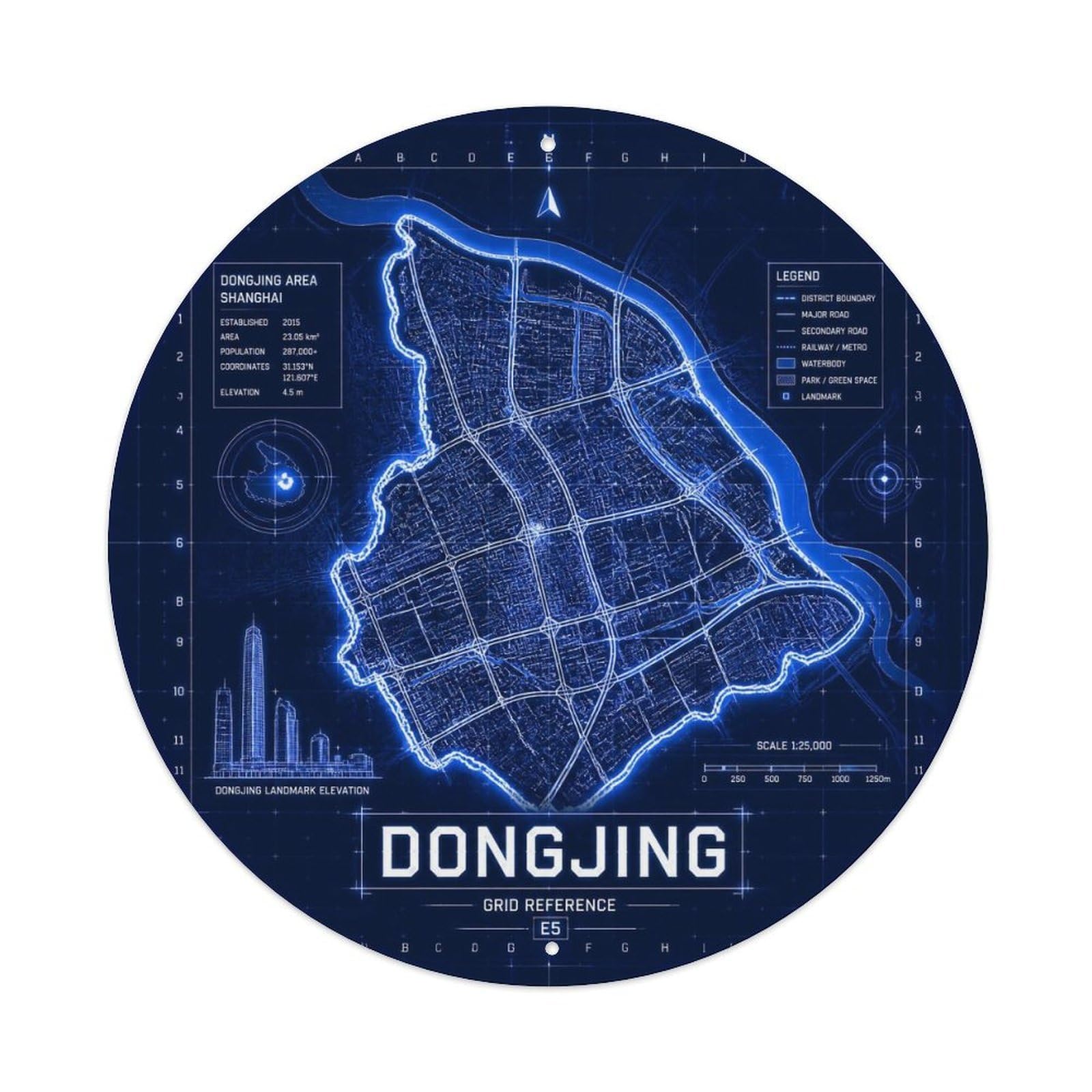 Okngb Style Dongjing District Shanghai Travel Map Landmark Route Metal Tin Sign Plaque Wall Decor For Cafe, Man Cave, Club Bar, Office, Home Garden Round Metal Poster 8X8inch