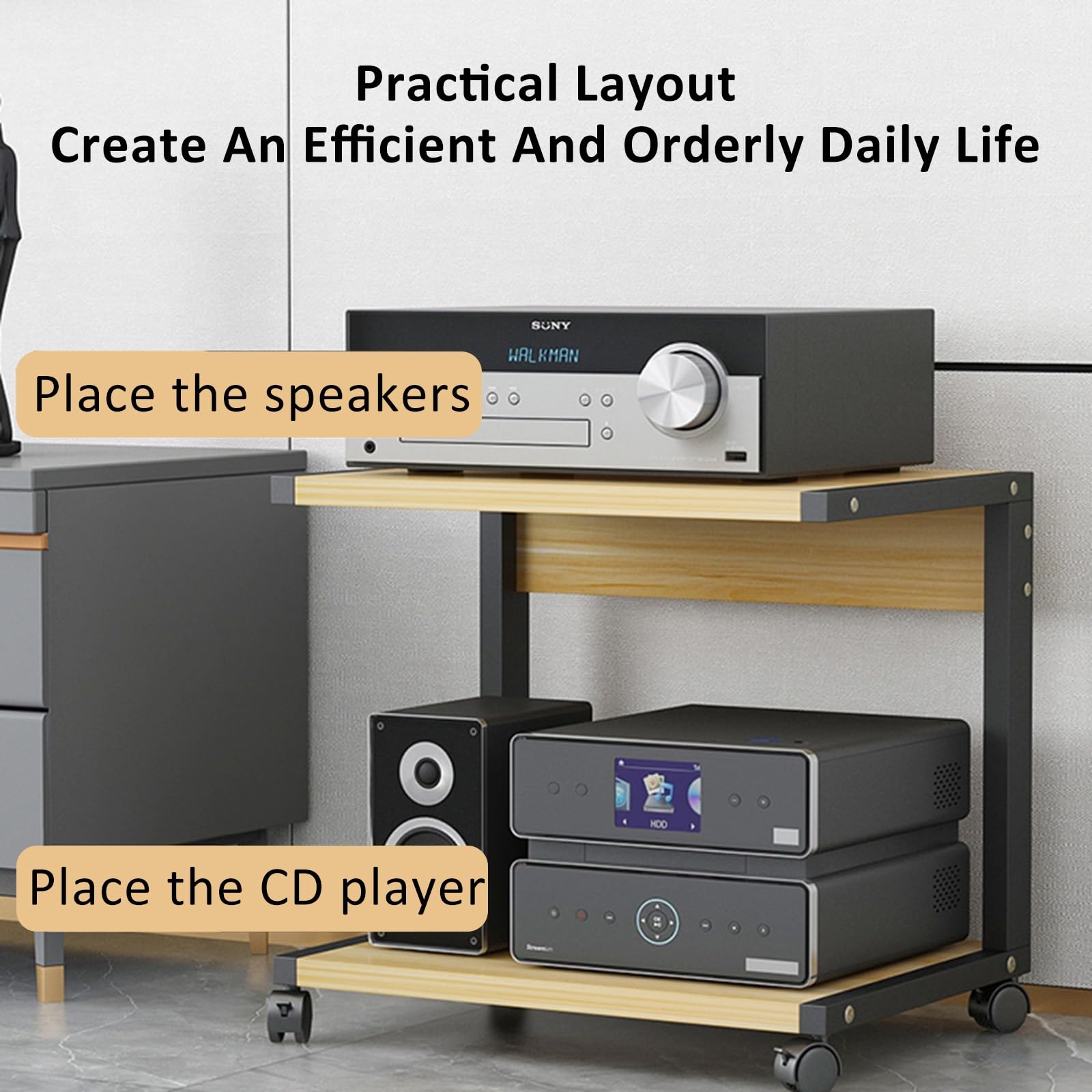 Mueble Equipo Hifi Torre de 2 Niveles Estantes for Amplificadores de Parlantes for Tocadiscos Soporte de MDF Estante de Audio Estante de Almacenamiento de Componentes Estéreo(Black+wood,50x40x40cm)
