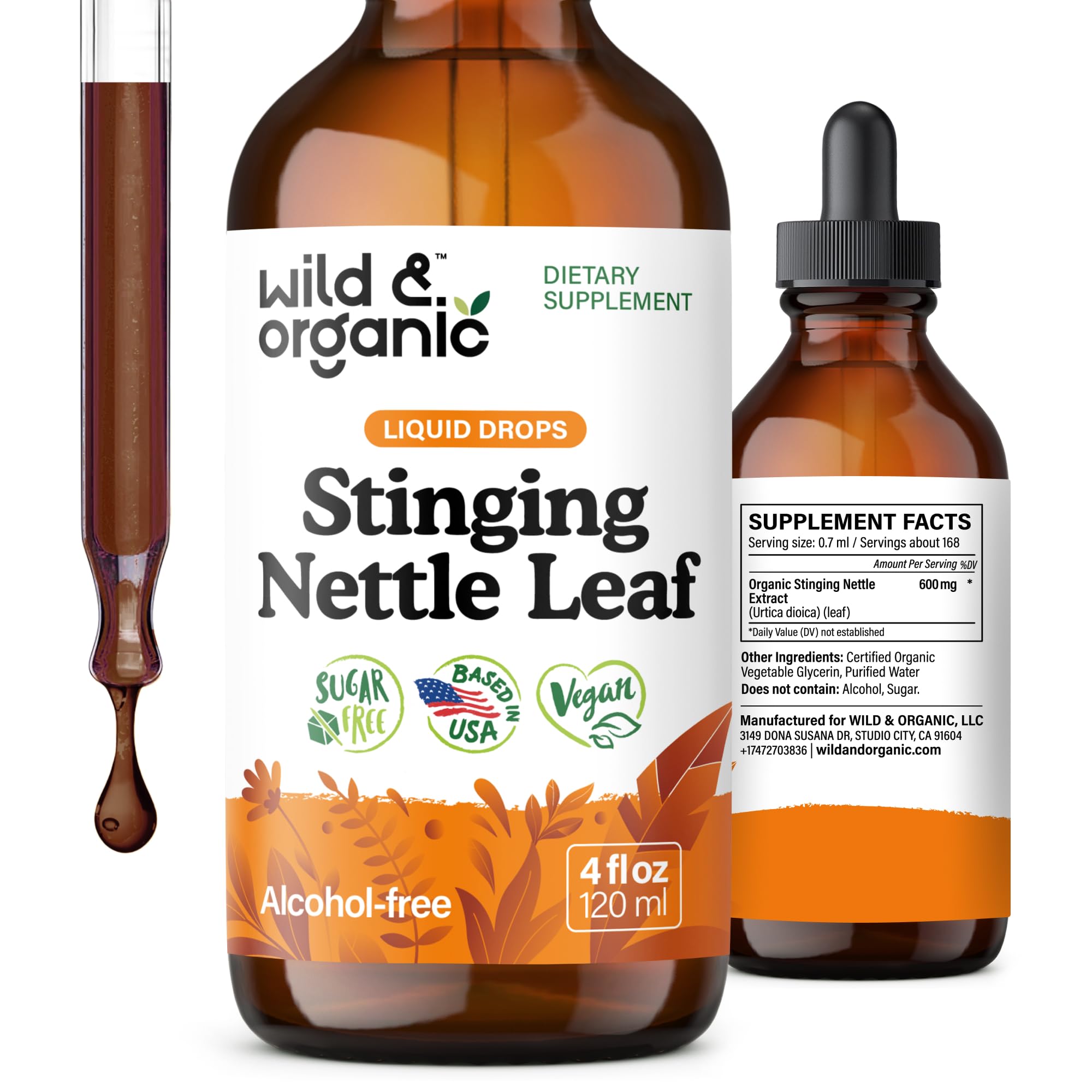 Wild & Organic Stinging Nettle Leaf Tincture - Urinary Tract Support - Stinging Nettle Extract Liquid Drops - Urtica Dioica Supplement - 5-Month Supply - Vegan, Sugar & Alcohol-Free - 4 fl oz