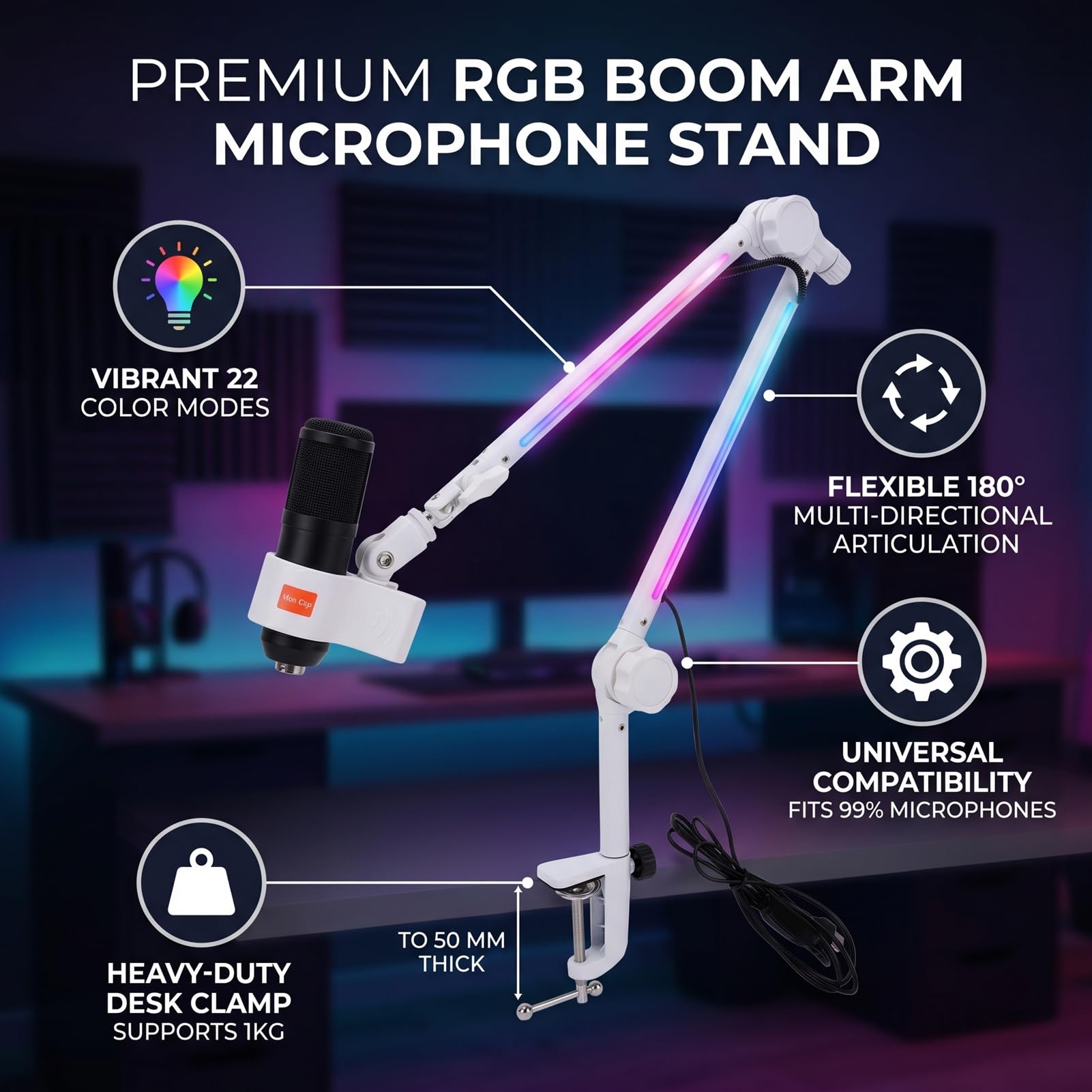 Jectse Soporte de Micrófono con Brazo Articulado RGB con 22 Modos de Color Rotación de Pivote de 360° Ajustable de 180° con Adaptador de 3/8 a 5/8 para Transmisión de Grabación de Estudio