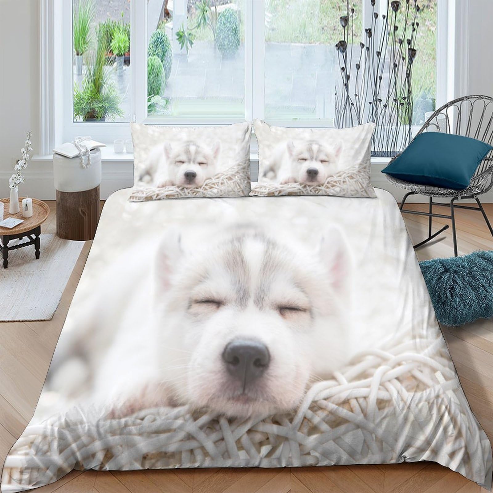 P5V6M1Q9 3D Printed Cute Puppy Duvet Cover Set Microfiber Soft Breathable White Dog Bedding Set with 2 Pillowcases for Bedroom Decor Single（135x200cm）
