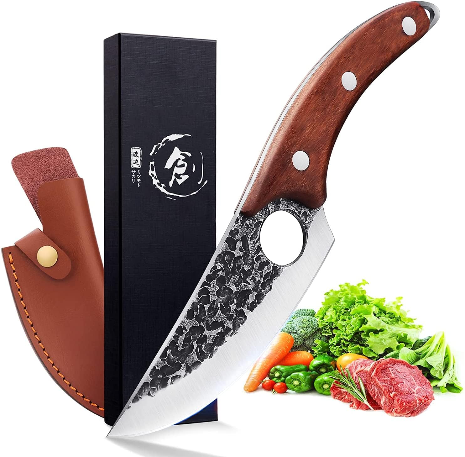 DRAGON RIOT Original Japanisches Kochmesser mit Lederhülle Küchenmesser Handgefertigt Wikinger Messer Outdoor für alle Zwecke, Professionelles Handgeschmiedetes Universalmesser Ausbeinmesser