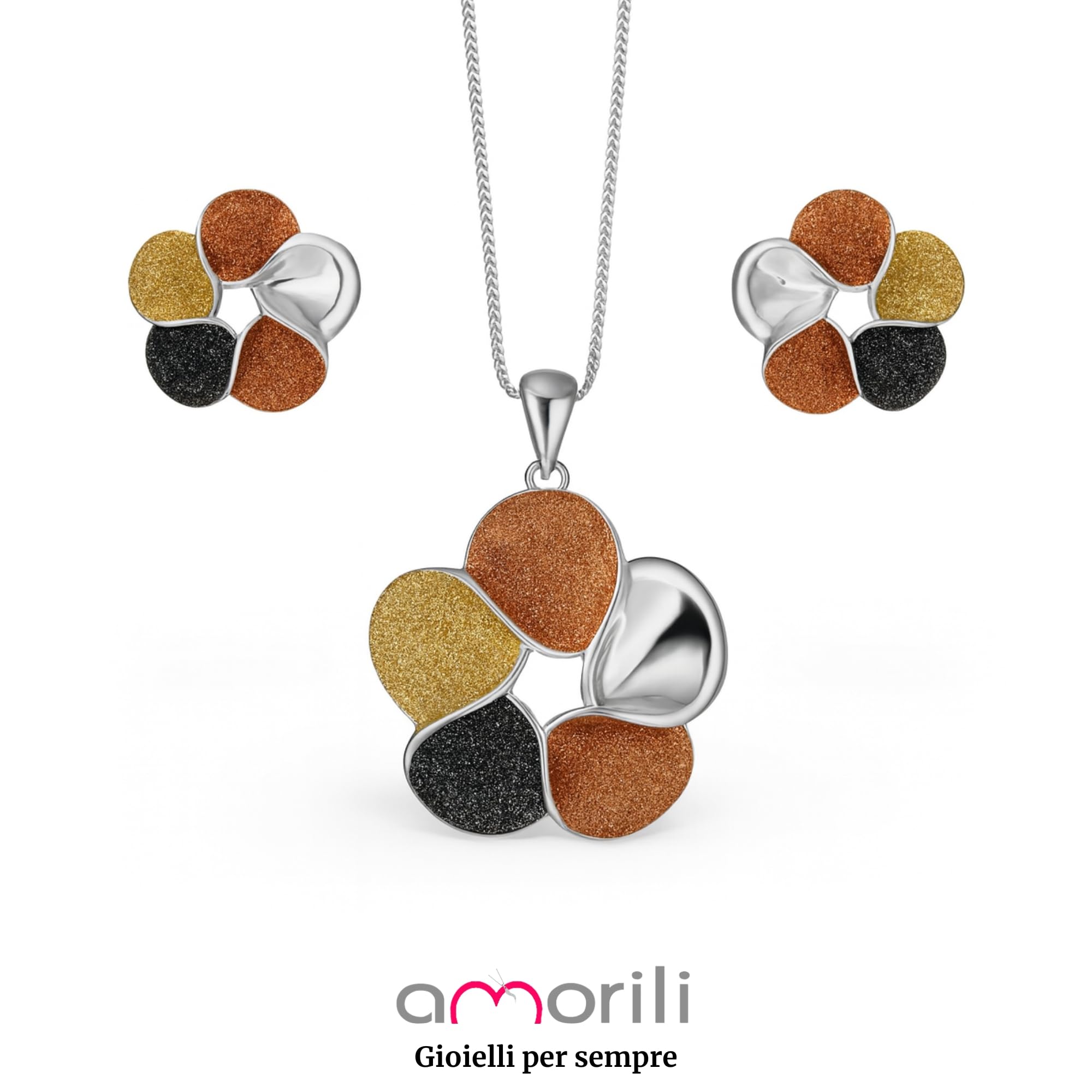 Parure Donna Collana e Orecchini in Bronzo Argentato| Gioielli Eleganti Motivo Fiori | Set Bijoux Regalo Festa Compleanno Matrimonio Cerimonia par0002b