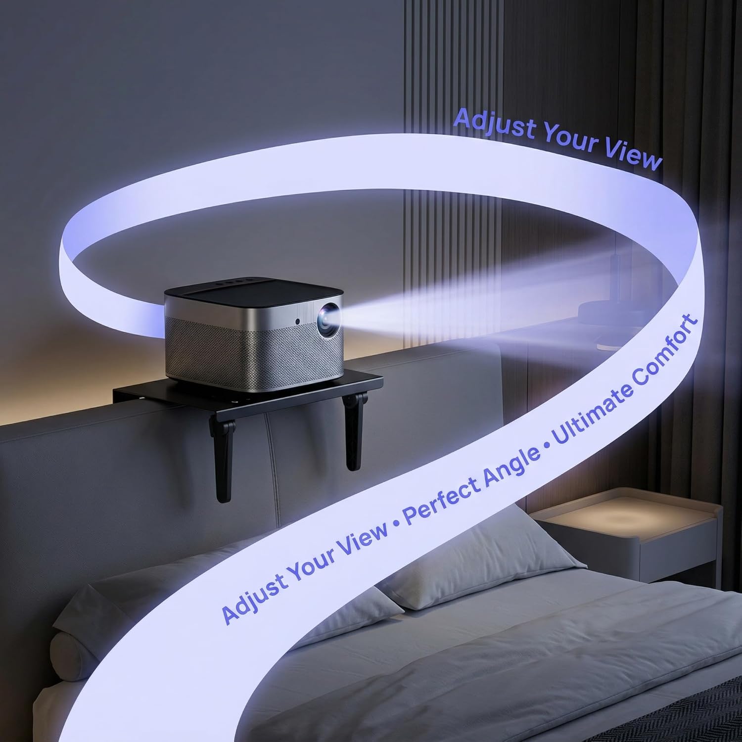 No-Drilling Projector Wall Mount Shelf, Adjustable Foldable Metal Stand with Perforated Tray, 44 lb Load, Removable Legs for Wall Setup, 3-Level Height, 10.59×8.19 in, Space-Saving Bedside/Sofa