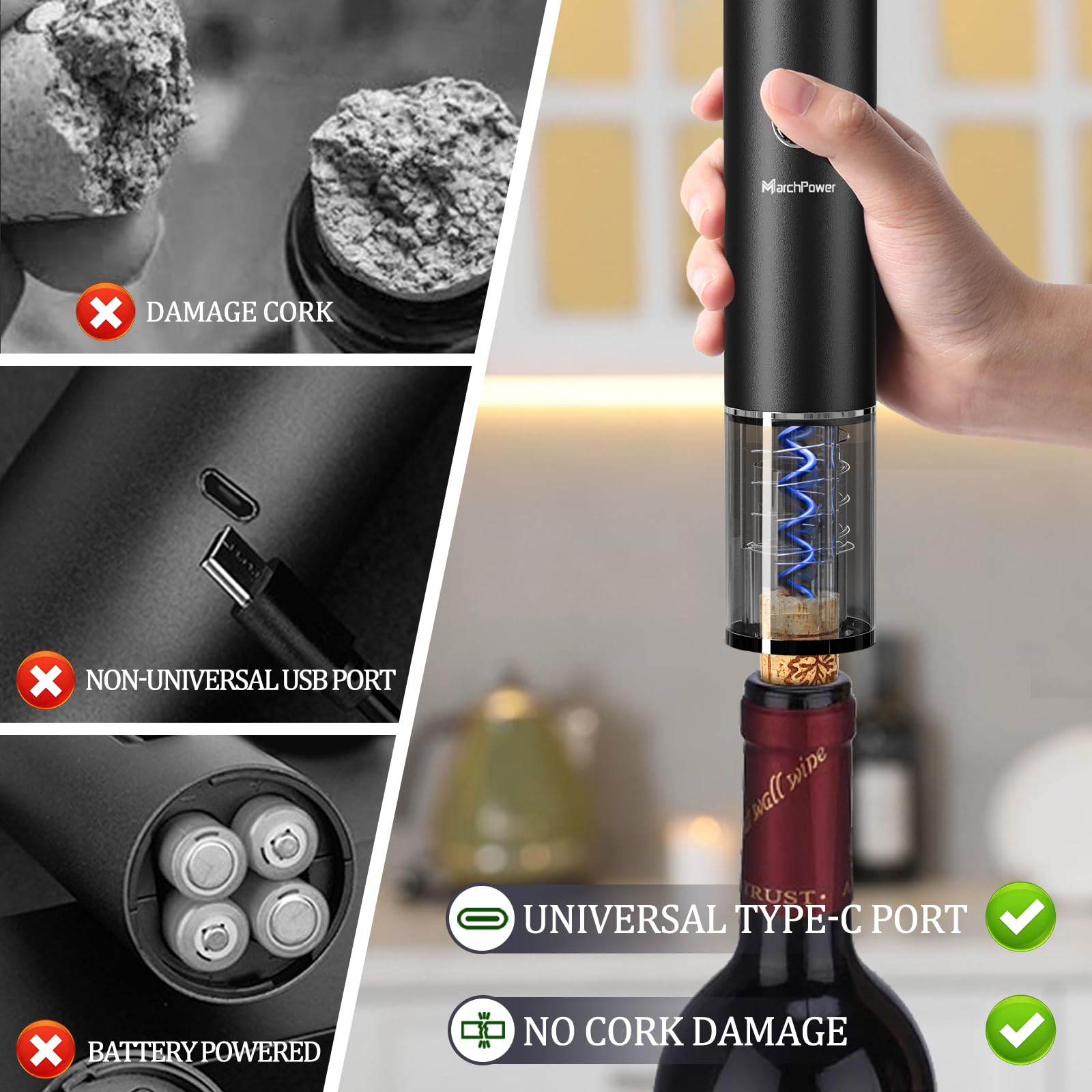 Marchpower Elektryczny Otwieracz do Wina, Ładowany USB-C, Zestaw z Korkociągiem i Kapslem, Czarny