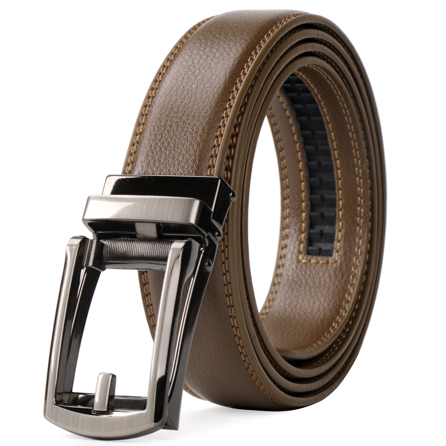WERFORULeather Ratchet Dress Belt cognac belt for Men with Automatic Buckle(light brown)