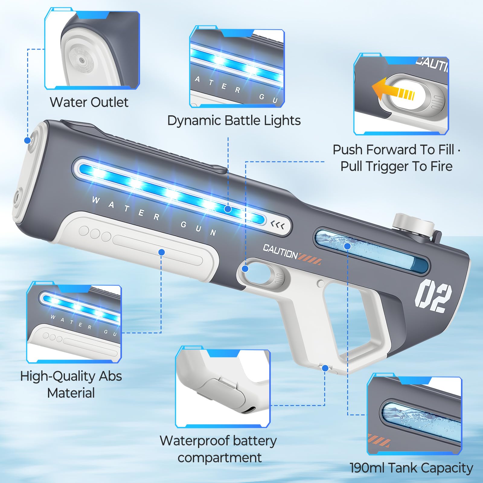 Pistolet à Eau Électrique, Pistolet a Eau Puissant avec Absorption Automatique de l'eau pour Enfant et Adultes, Lumières LED, Tir Continu Portée 8m, Jouet Extérieur Été pour Plage, Piscine (Gris)