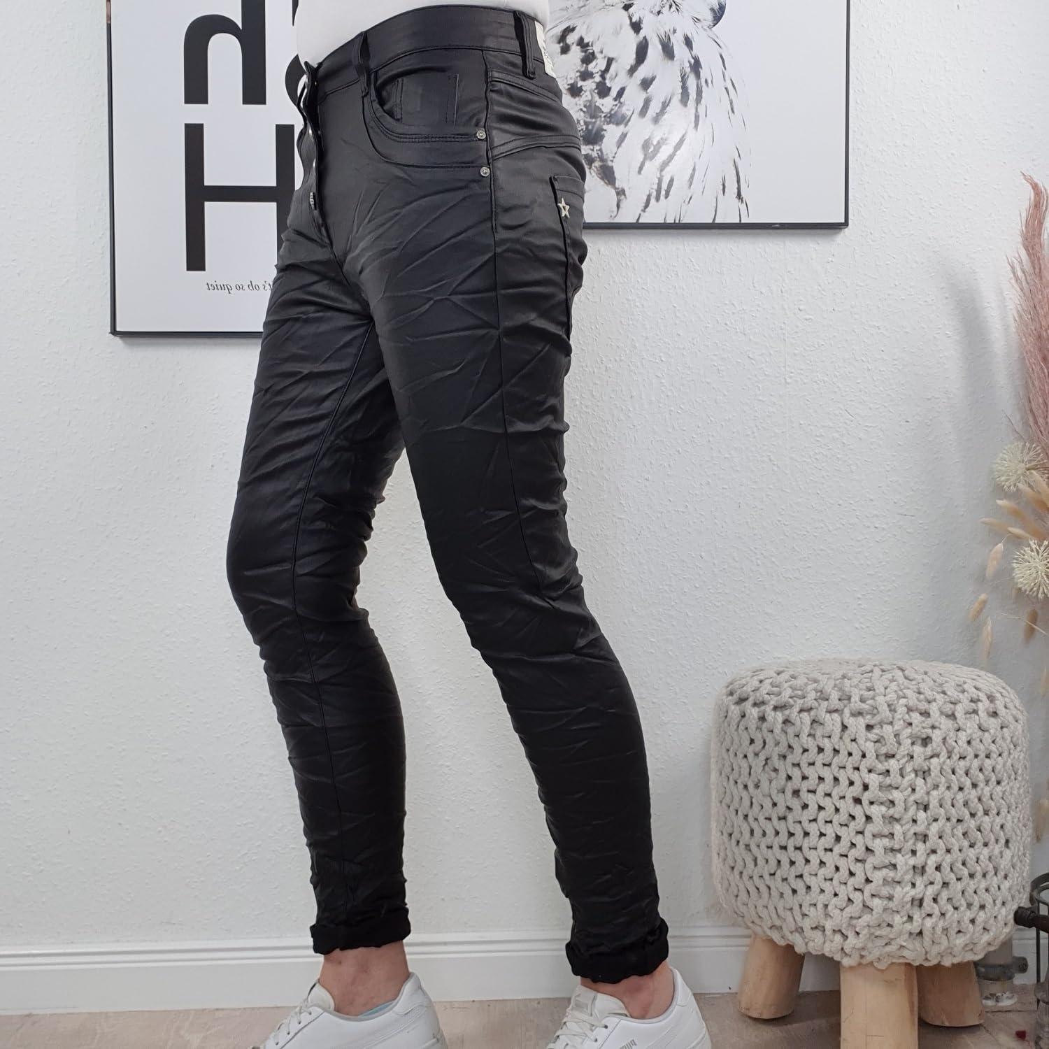 Jewelly Pantalon stretch en faux cuir pour femme - Coupe boyfriend - Avec boutonnière ouverte