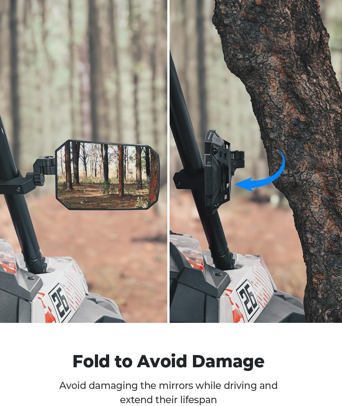 KEMIMOTO UTV Side Mirrors, One Mirror Two Purposes 8" x 5.3" Wide View for 1.65-2 inch Roll bar Compatible with Polaris RZR/Can Am X3/Pioneer/Talon/Teryx/CFMOTO Tool-free Multi-Adjustment Fit Big UTV - Image 7