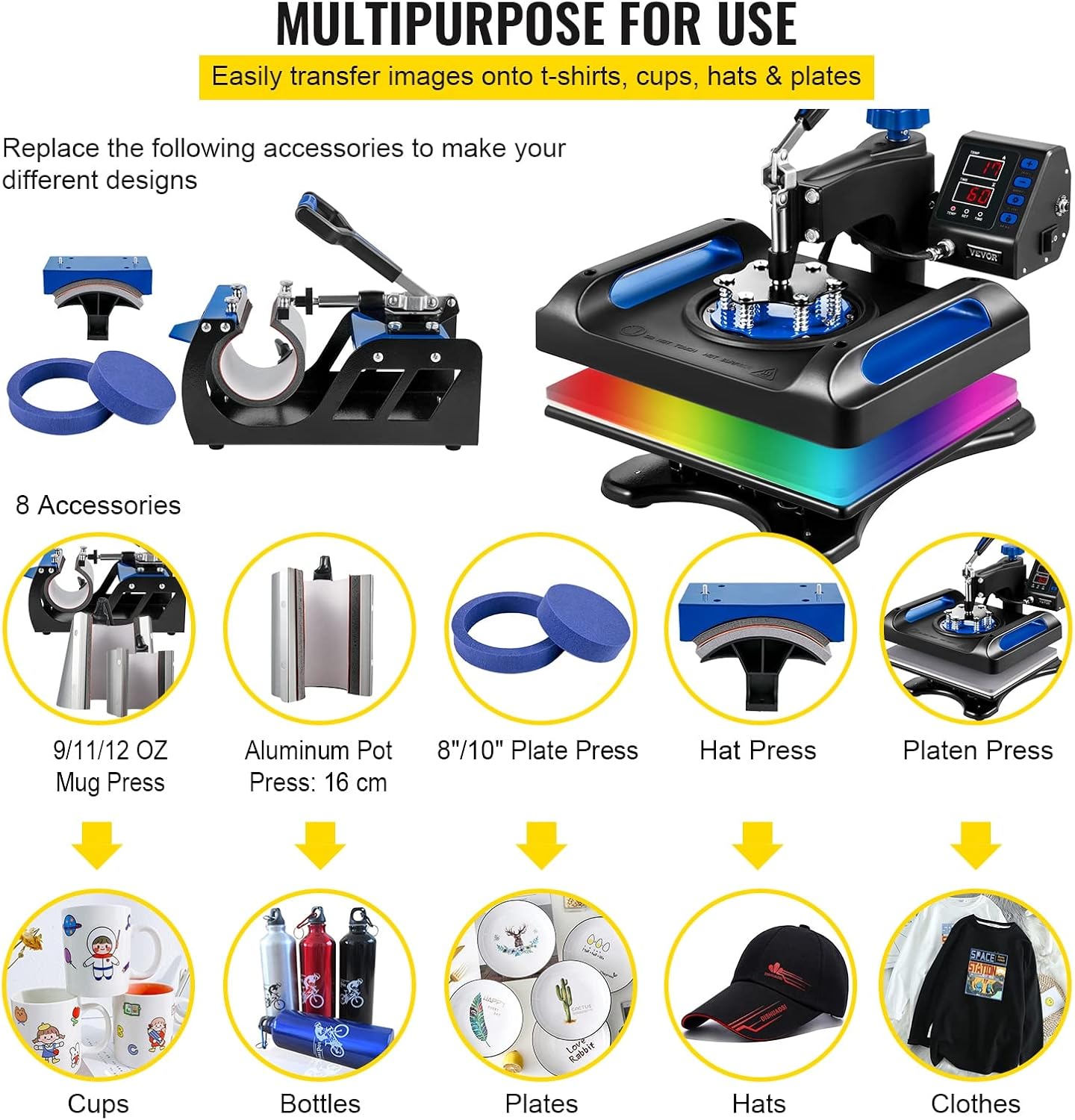 Hot Press 5 in 1 Multifunctional Heat Press Machine 12 X 15 15 X 15 Inch Red Blue Black Sublimation Precise Digital Display Printing Thermal Printer (Color : Blue) (Blue Ne