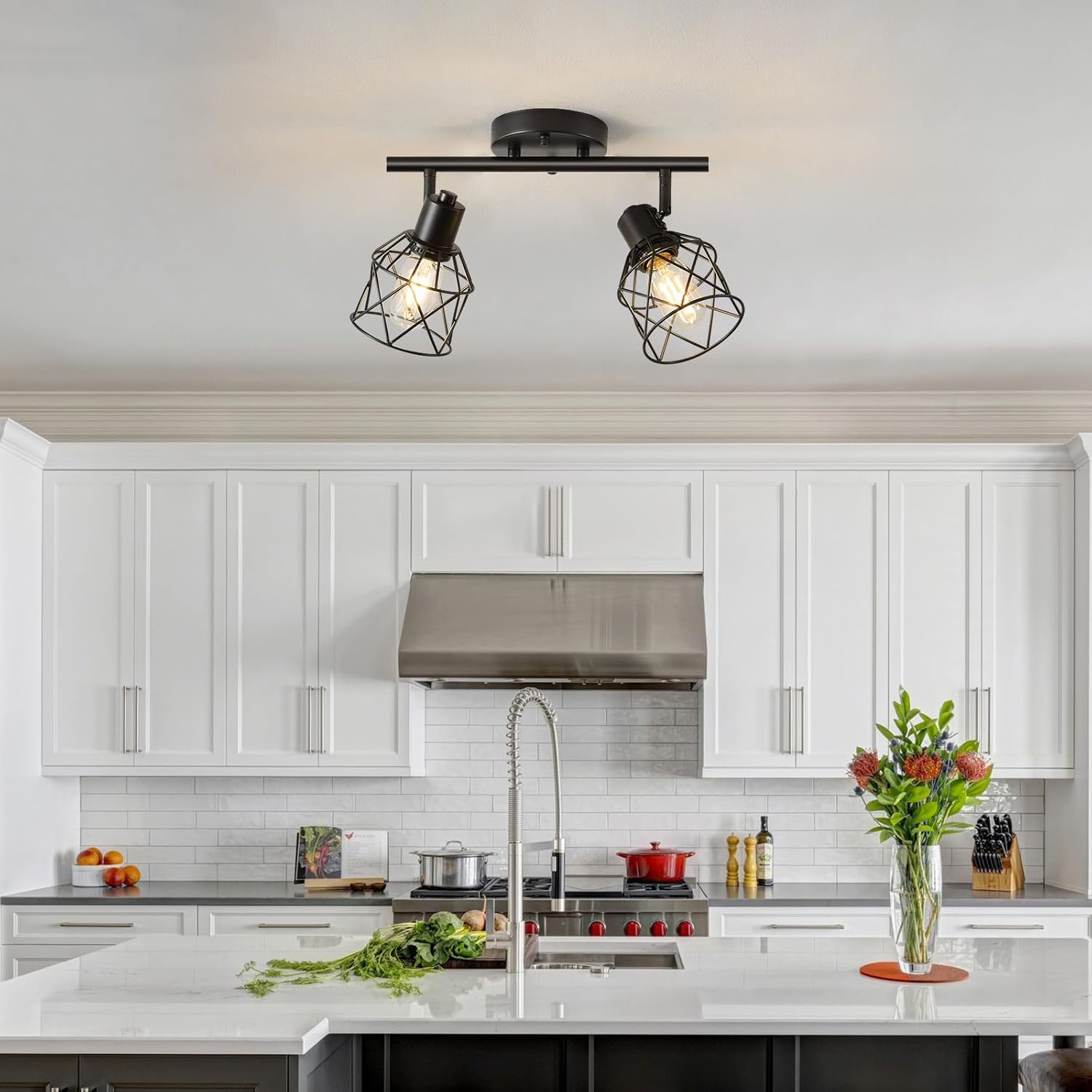 2-Lights Kitchen Track Lighting, Adjustable Multi-Directional Ceiling Light Fixtures, Rotatable Farmhouse Light Fixtures Mount with Metal Cage for Dining Room, Living Room, Bedroom, E26 Base