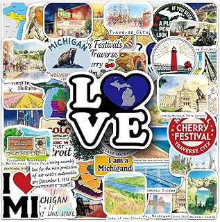 Michigan State Stickers |53Pcs Michigan MI Travel Waterproof Vinyl Decals for Water Bottles Laptop Luggage Cup Computer Mobile Phone Skateboard Guitar Helmet Snowboard Décor