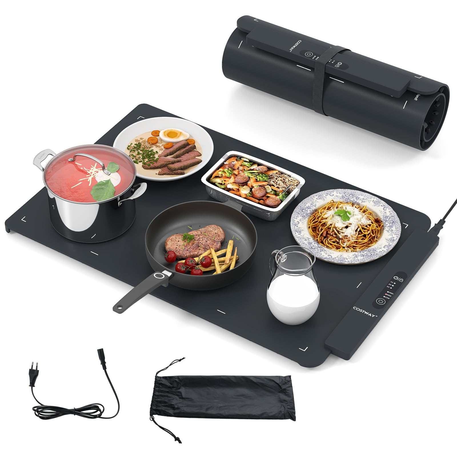 COSTWAY Alfombrilla Calentadora Eléctrica de Silicona, Calentador de Comida Enrollable con Temperatura Ajustable en 60-100℃, Temporizador 5H y Bloqueo Infantil, Portátil para Buffet, Fiesta y Cocina