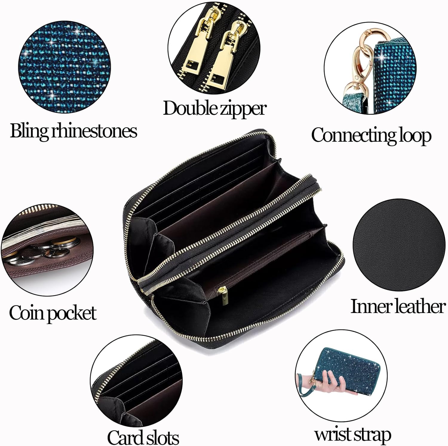 Women's Rhinestone Large Capacity Double Zipper Wristlet Clutch Purse Party Wallet Card Phone Holder - Image 5