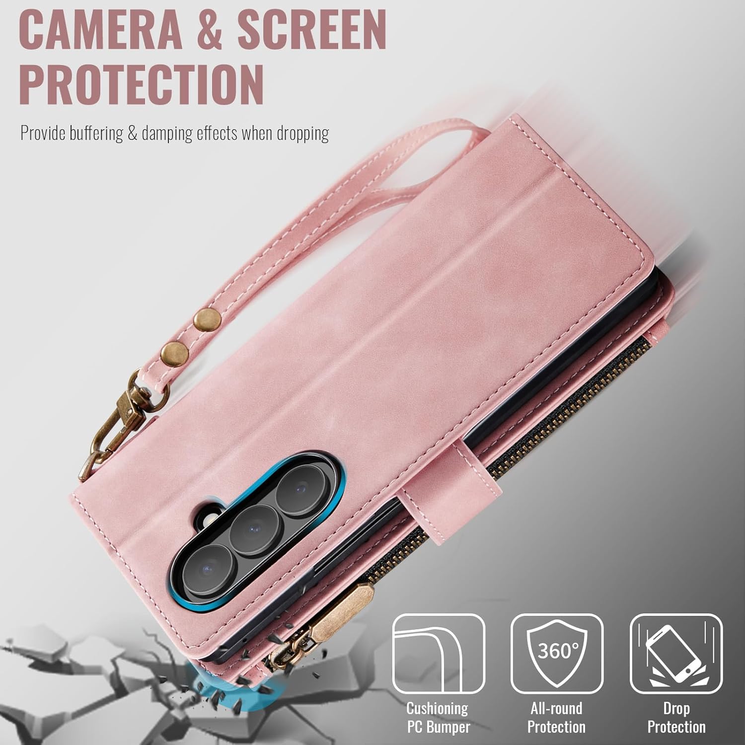 Vinich for Samsung Galaxy Z Fold 7 Wallet Case with Card Holder, Detachable Strap RFID Blocking Credit Slots Kickstand Shockproof Phone Cover Fit for Galaxy Z Fold 7 8.0" Rose Pink