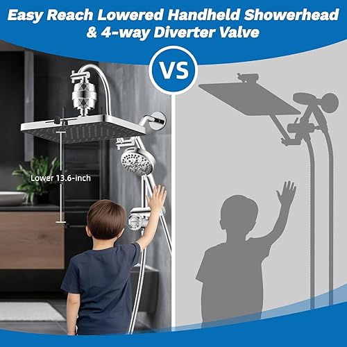Miniatura 4 de Hibbent Combo de cabezal de regadera, 13 pulgadas, alta presión, 5 chorros, 10 modos de pulverización, brazo metálico desviador de 4 vías con modo