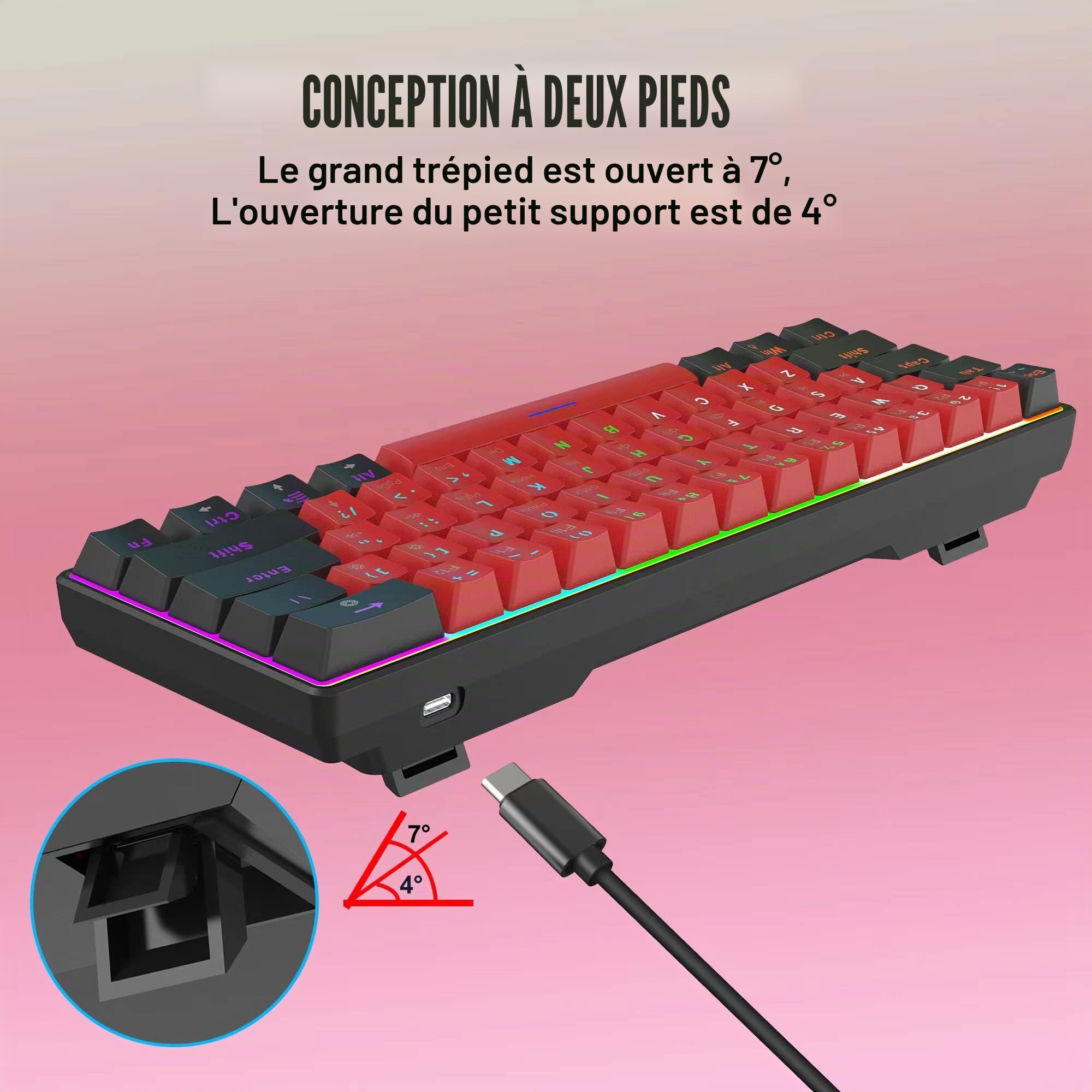 Snpurdiri Clavier de jeu mécanique filaire 60% 61 touches anti-ghosting, rétroéclairage RGB, ultra-compact avec deux supports (commutateur bleu/noir rouge)