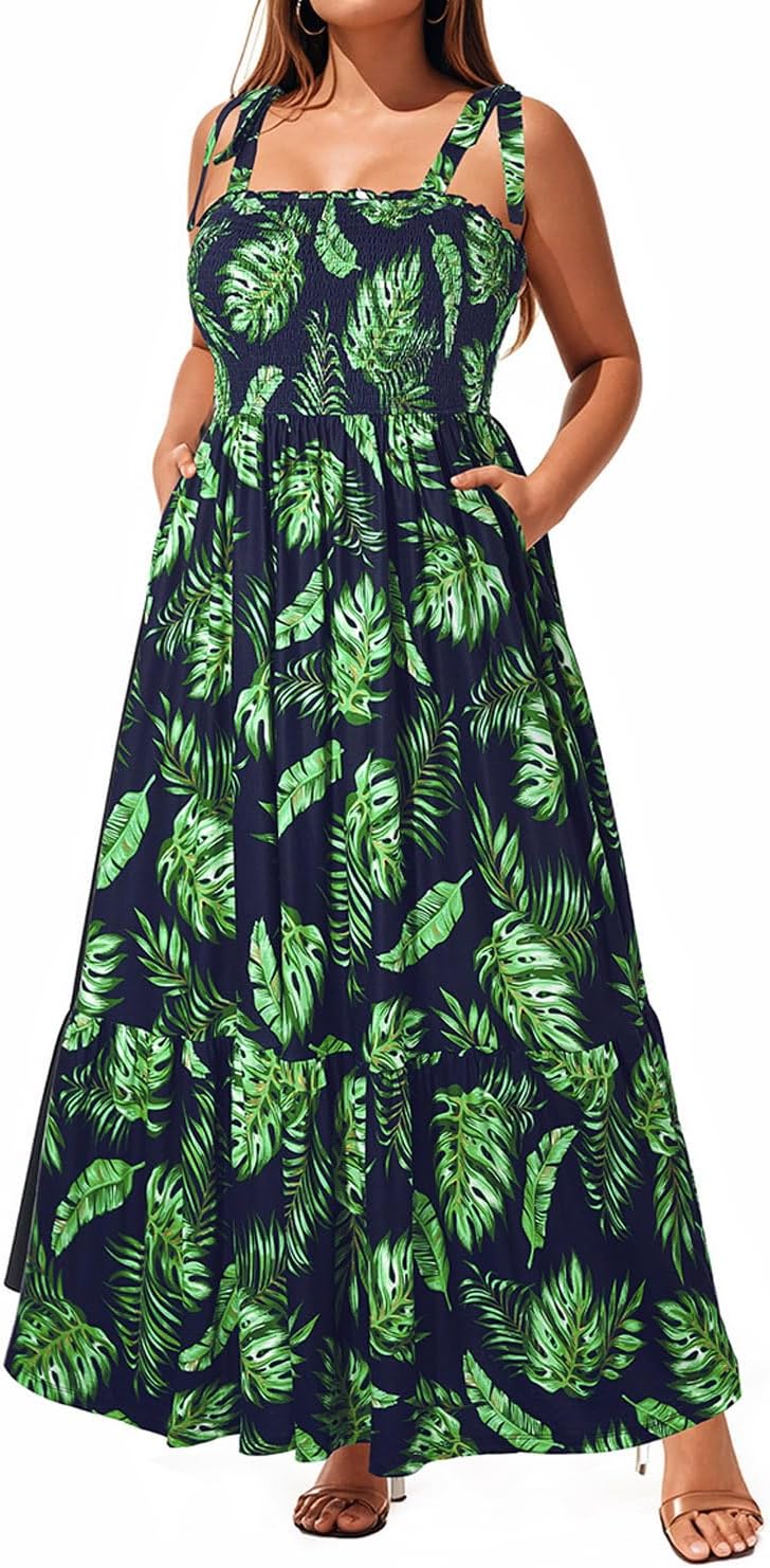 Pinup Fashion Women Plus Size Summer Maxi Dress Casual Smocked Bust Long Sundress with Pockets - Image 5