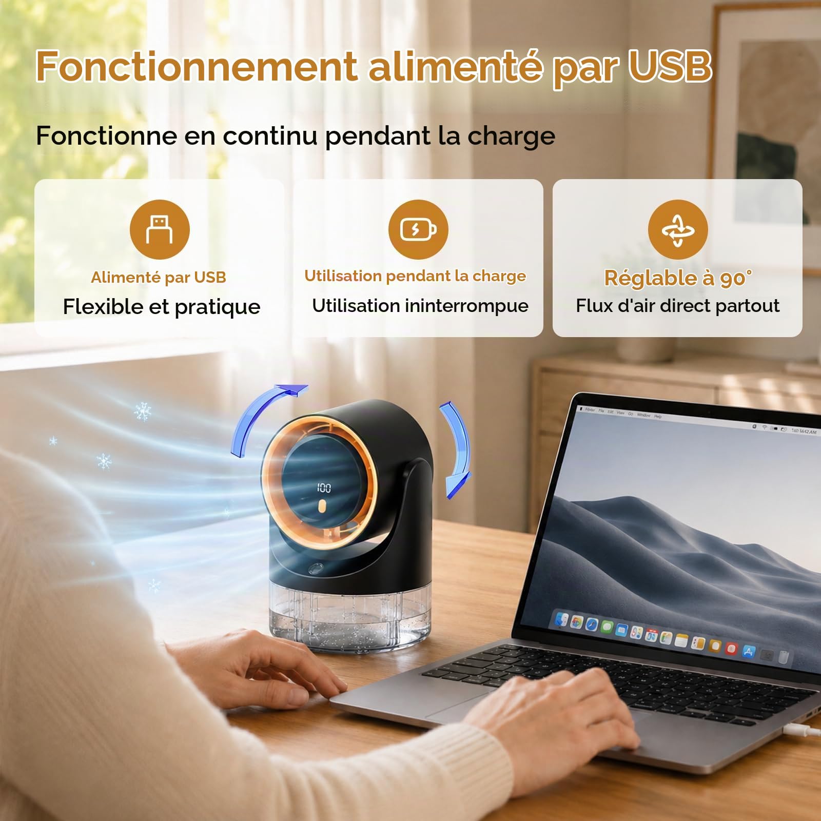 Mldnld Ventilateur brumisateur portable,réservoir 450 ml,100 vitesses,minuterie 3/6/9h,recharge USB,humidificateur compact pour la maison et le bureau,cadeau d'été idéal
