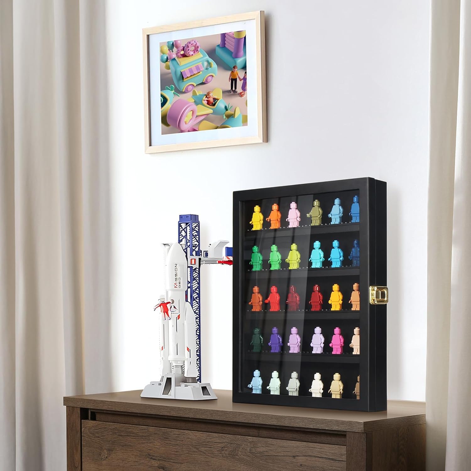 Vitrina de pared para minifiguras, vitrina de madera para minifiguras de Lego, caja de almacenamiento de Lego, vitrina a prueba de polvo para juguetes