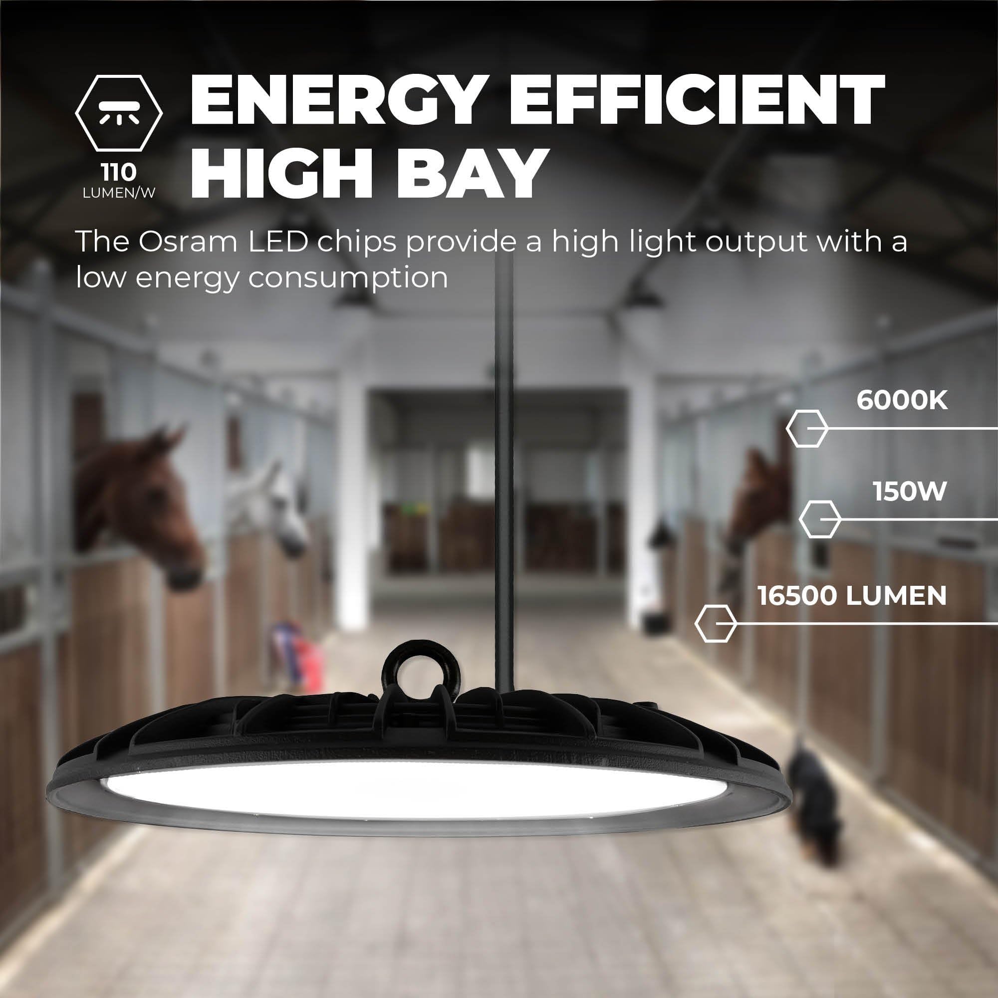 Ledvion - LED High Bay Sensor Regulable, 150W, 110lm/W, 22.000Lm, 6000K, IP65, 2 Años de Garantía, Lámpara UFO