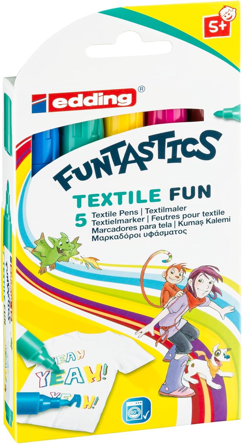 edding 17 FUNTASTICS TEXTILE FUN textielmarkers voor kinderen - geel, bruin, blauw, rood, groen - 5 stiften - ronde punt 2-3 mm - textielstiften wasmachinebestendig (60 °C) voor het tekenen op kleding