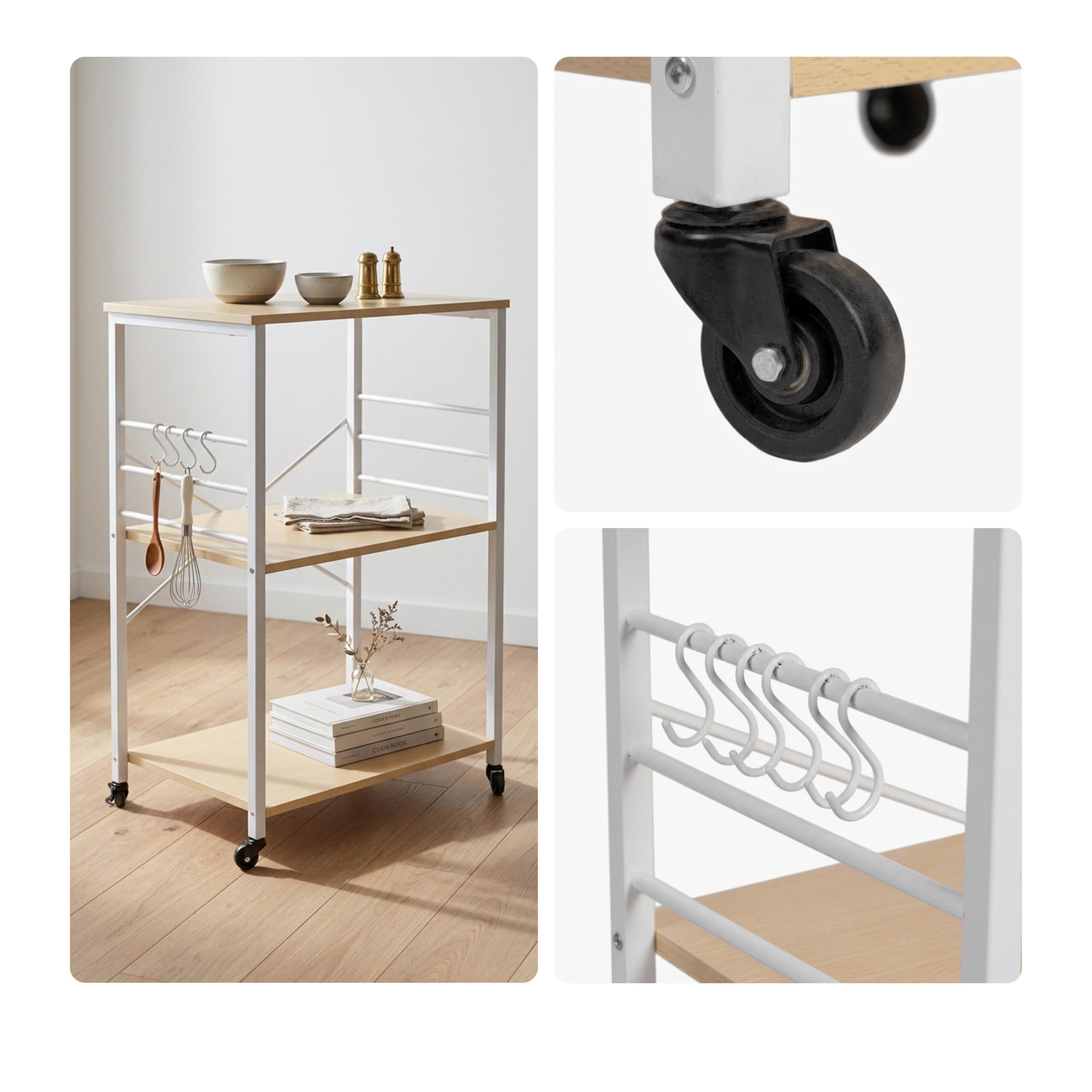 Relaxdays Carro de Cocina, 3 estantes, 6 Ganchos en S, Natural/Blanco