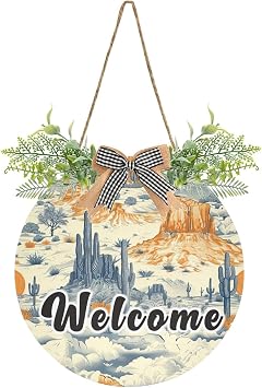 Qilmy Vintage Desert Round Welcome Wreath Sign Waterproof PVC Board Round Wall Hanging Plaque for Farmhouse Yard Garden Bar Front Door Decor, 12 x 12 Inch