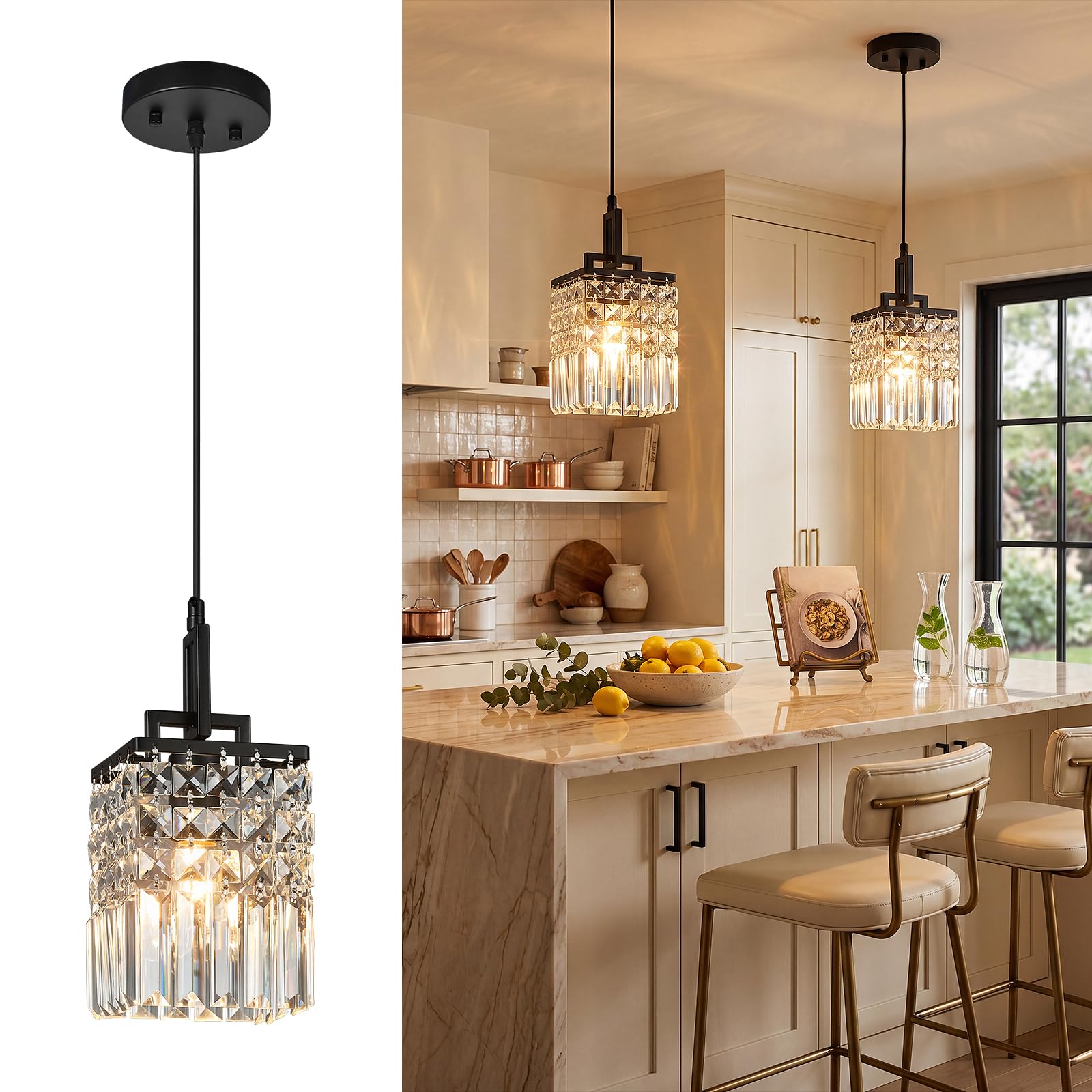Photo 1 of BBLLWJ Matte Black Kitchen Island Pendant Light Mini Crystal Chandelier Modern Light Fixture for Bathroom Vanity Bedside Adjustable Height E26 2-Pack