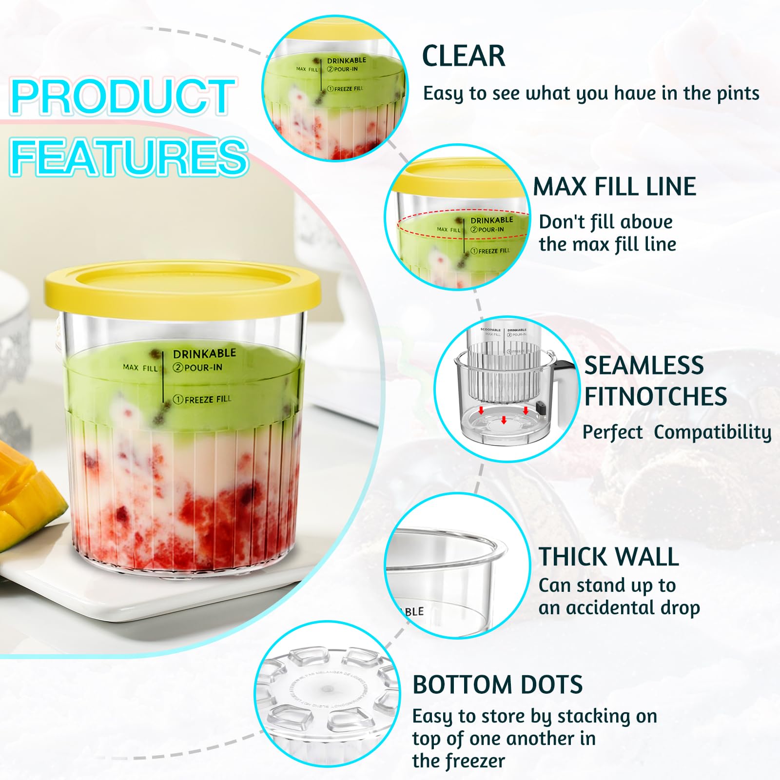 4 Pezzi Contenitori per Gelato, 24oz/800 ML Contenitori Creamy Deluxe per NC500 NC501 Serie, Senza BPA, Lavabili in Lavastoviglie con 4 Cucchiai