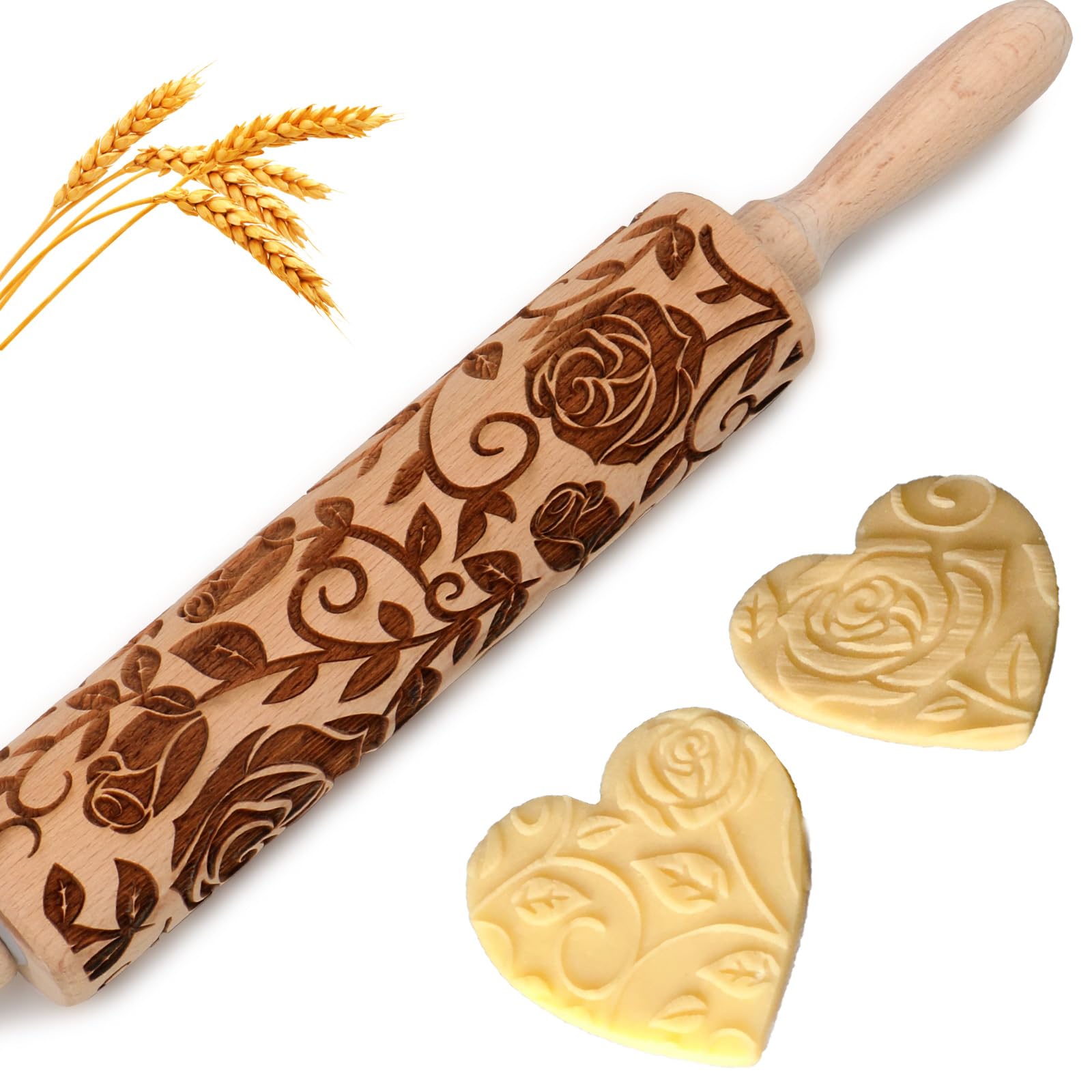 Floral Rose Embossed Rolling Pin for Baking Cookies Embossing Rolling Pins with Design Wooden Engraved Springerle Shortbread Roller Pin Flower