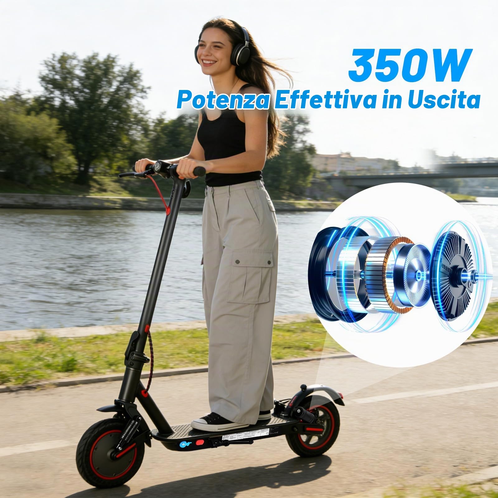 Monopattino Elettrico,Autonomia 30 km, Velocità max 25 km/h, Batteria 36V 10.4Ah, Doppi freni a disco con EABS, Pneumatici solidi 10", Monopattino da città, Controllo App, pendenza max 15%