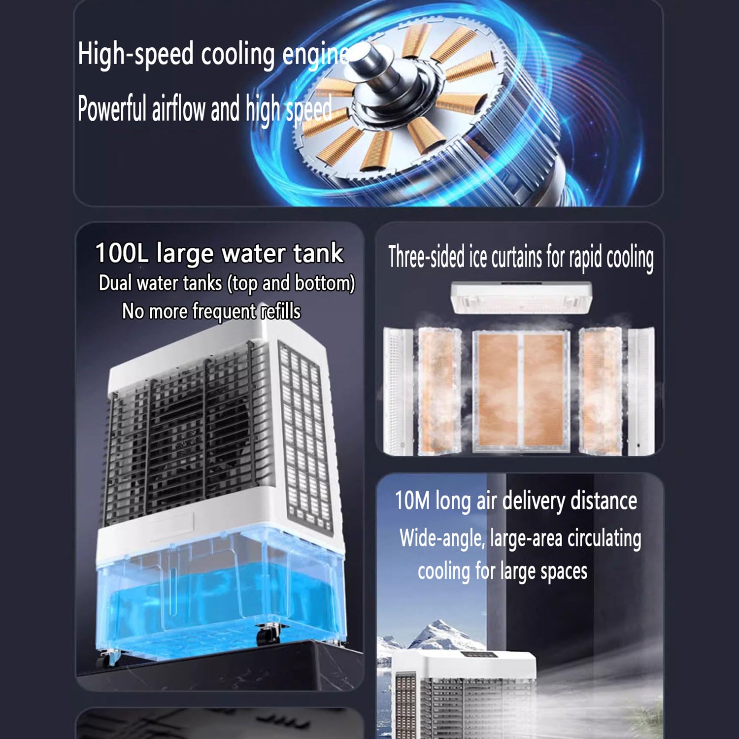 100L refrigeratore d'aria portatile con serbatoio di ghiaccio, aria condizionata evaporativa a 3 velocità per grandi stanze, design oscillante e funzionamento silenzioso per il comfort interno all'ape