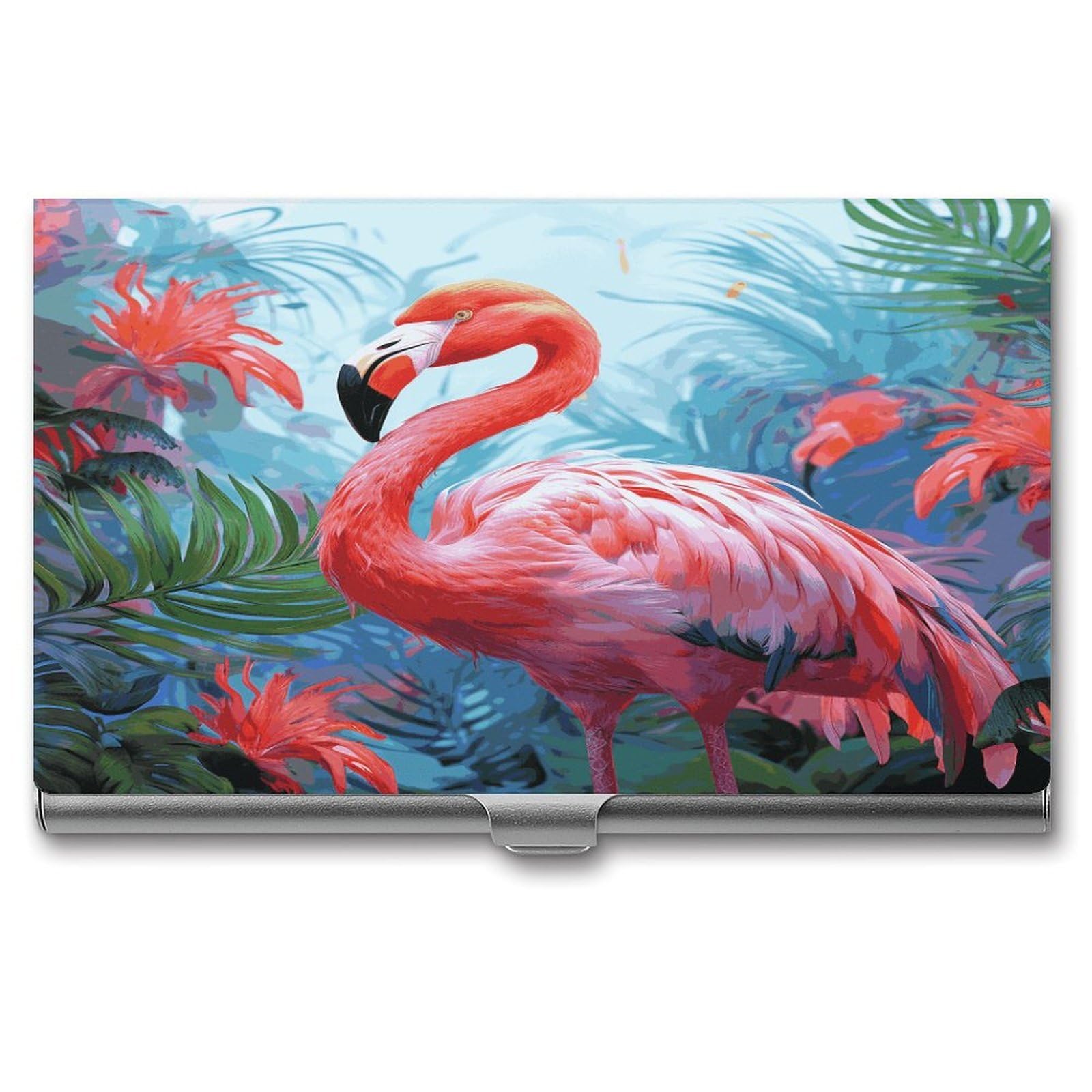 LDGSUPH Painted Flamingo Business Card Holder Fashion Slim Name Card Holder Minimalist Design Case Metal Card Carrier Personalized Business Card Case with Flip for Men Women