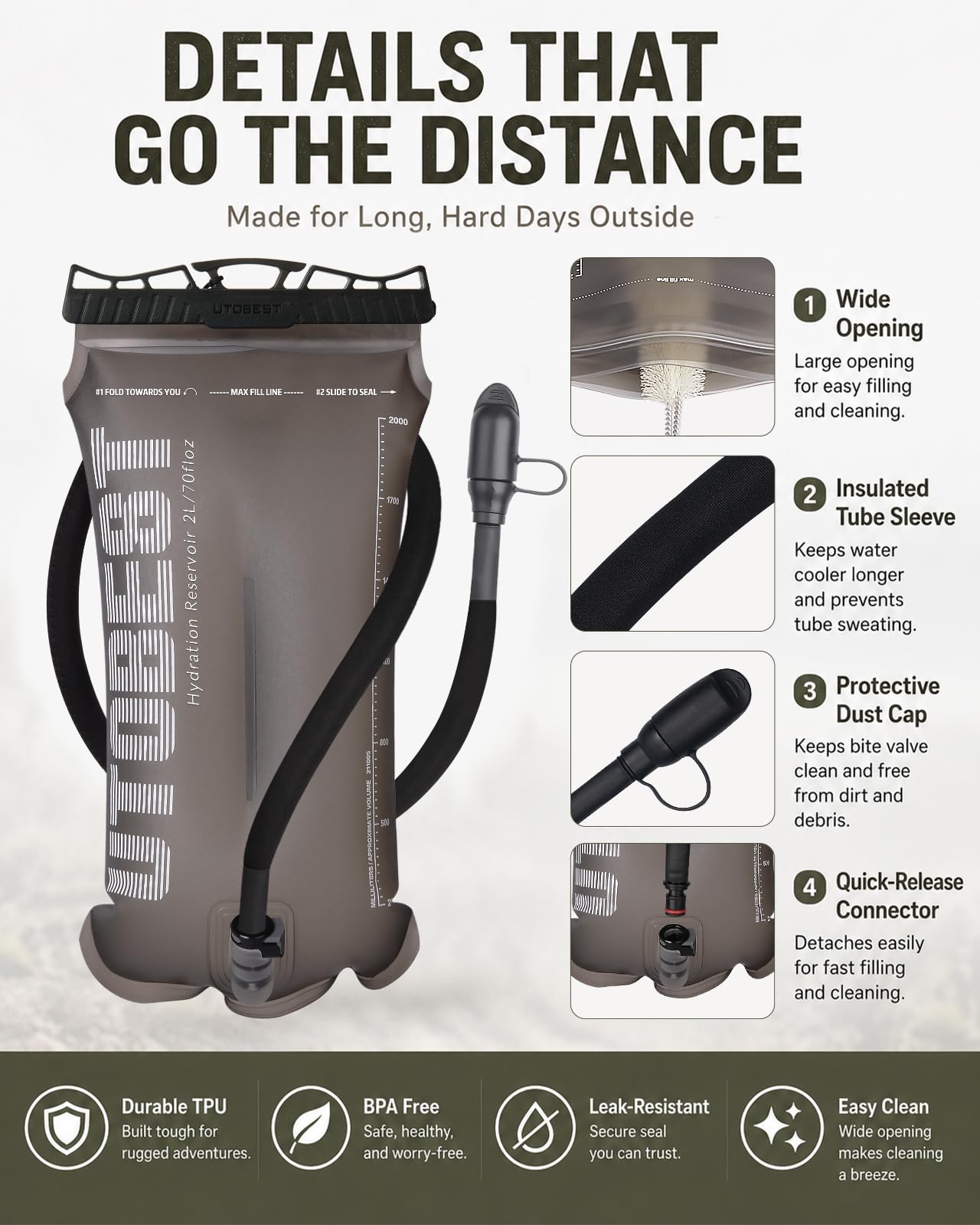 UTOBEST Vejiga de hidratación, Bolsa de Agua de 1,5 l, 2 L, 3 l, Bolsa de Agua Corporal de TPU, sin BPA, depósito de Agua a Prueba de Fugas para mochileros, Correr, Ciclismo
