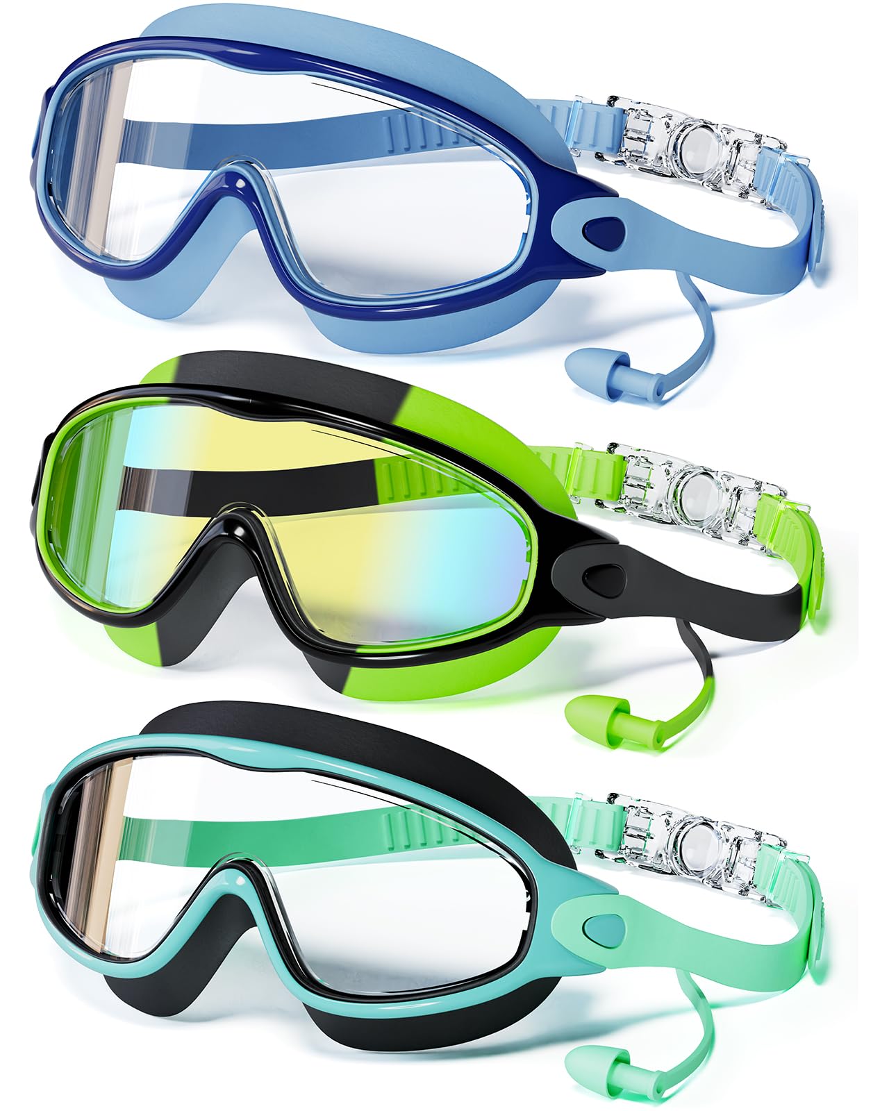 Schwimmbrille, Kinderbrille mit Ohrstöpseln, großer Rahmen, Anti-Beschlag/UV-Weitsicht, Schwimmbrille für Jungen und Mädchen, 3 Stück