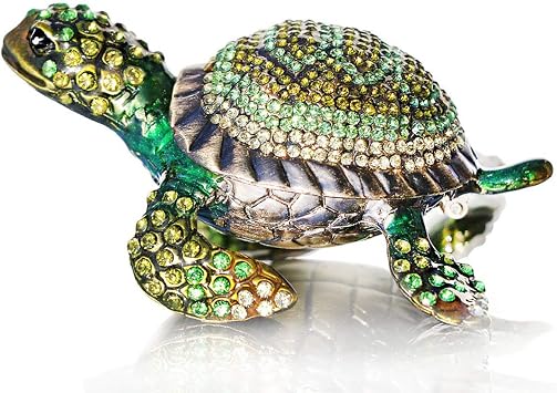 Waltz&F Diamond turtles Hinged Trinket Box Hand-painted Animal Figurine Collectible green