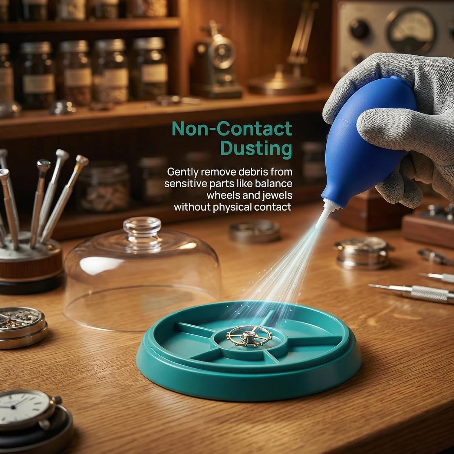 3-in-1 Professional Watch Cleaning Kit, Includes Dust-Free Putty, 6-Compartment Tray, and Rubber Air Blower for Watch Repair, Jewelry Cleaning, Craft Detailing & Electronics Maintenance