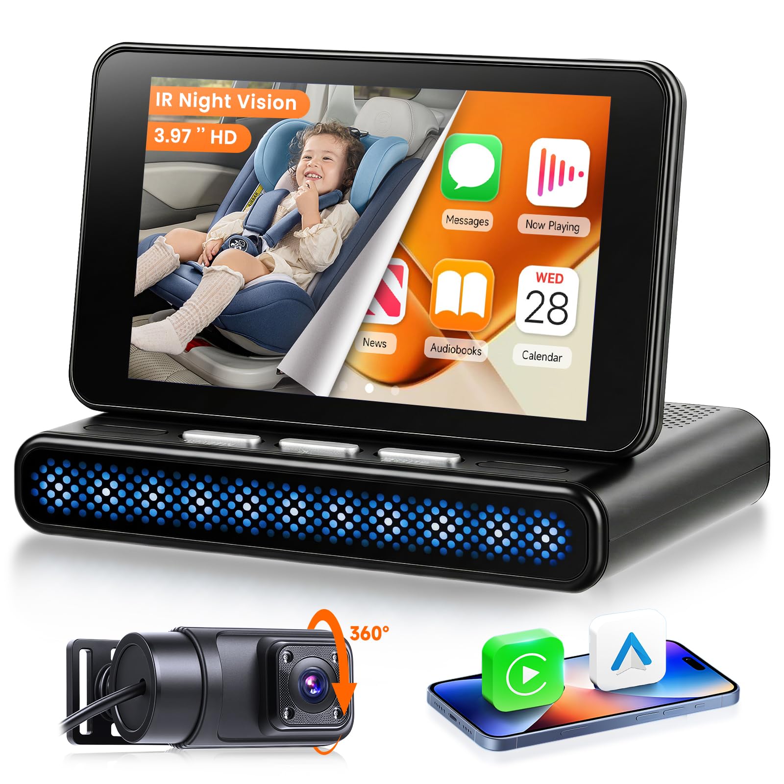 VECHTEL Monitor de Bebé para Coche con Cámara Gran Angular 360°, Pantalla IPS HD 3,97", Visión Nocturna Infrarroja, Bluetooth, CarPlay y Android Auto Inalámbrico, Instalación Rápida Sin Herramientas