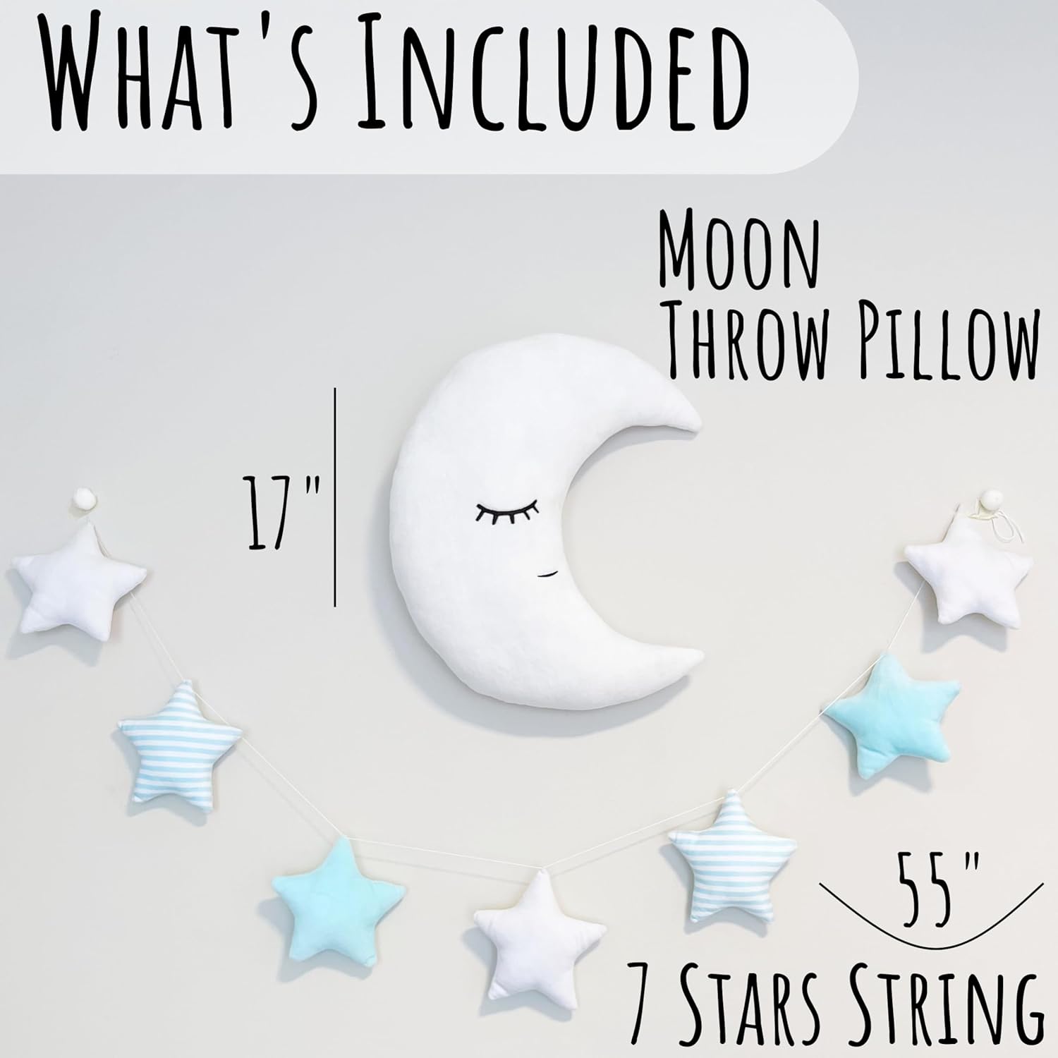 Perfectto Design Kid’s Moon Decorative Pillow, Stars Garland for Girls Toddler Room - Fluffy Moon, Stars Wall Decor, Soft Cute Throw Pillow for Bed, Bedroom Boho Teepee Ornament Decoration