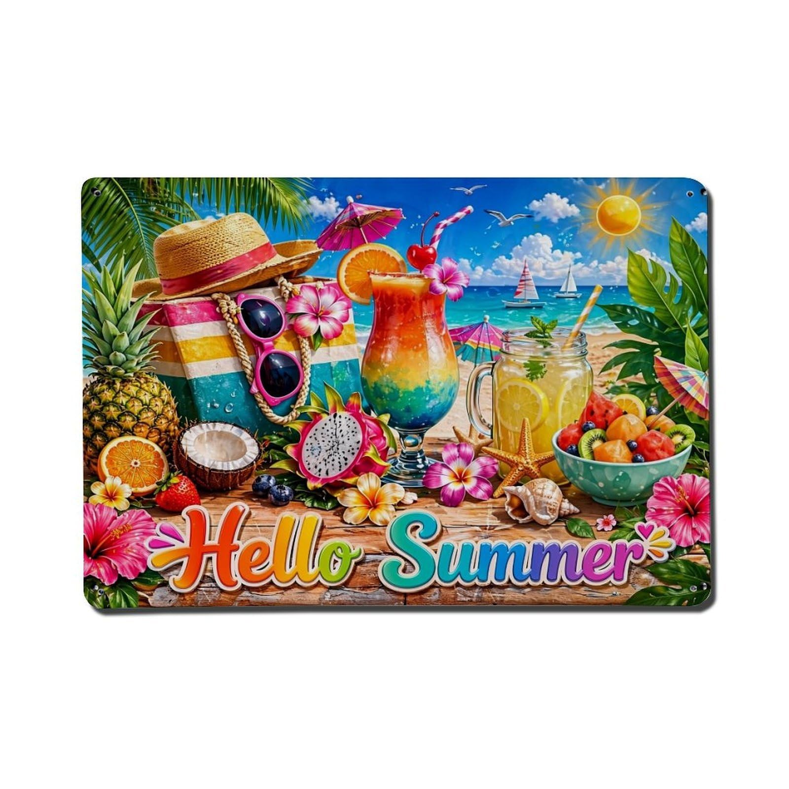 Tropical Beach Cocktail Fruit Flowers Vintage Tin Sign Retro Metal Wall Decor Metal Poster, Home Bar Garage Farmhouse Cafe Wall Art Decoration 8x12Inches