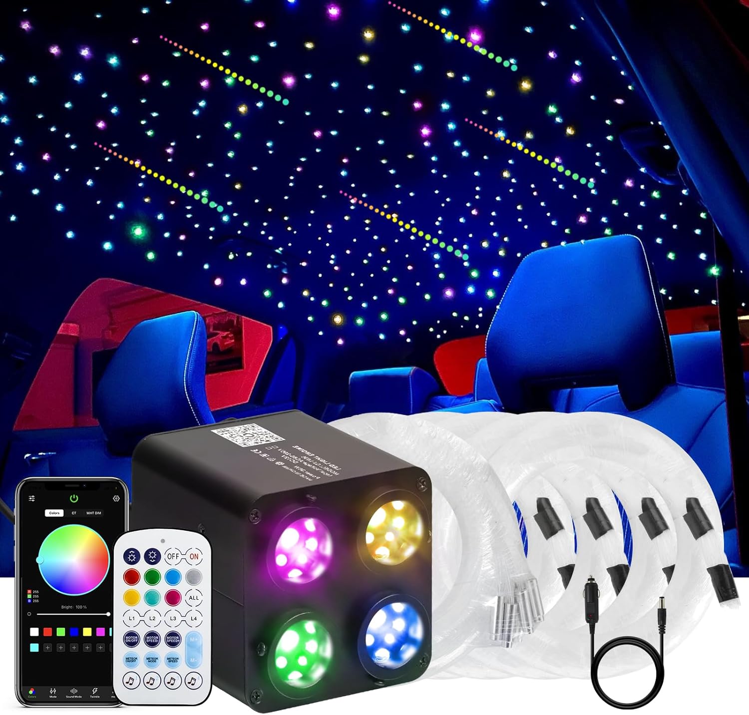 36W 4-Color Twinkle&RGBW Meteor Starlight Headliner Kit, 2-in-1 Fiber Optic Light Engine with APP Control, 1100pcs0.03in9.8ft Shooting Star Ceiling Lights, Sound-Activated Star Sky Decor for Car&Home