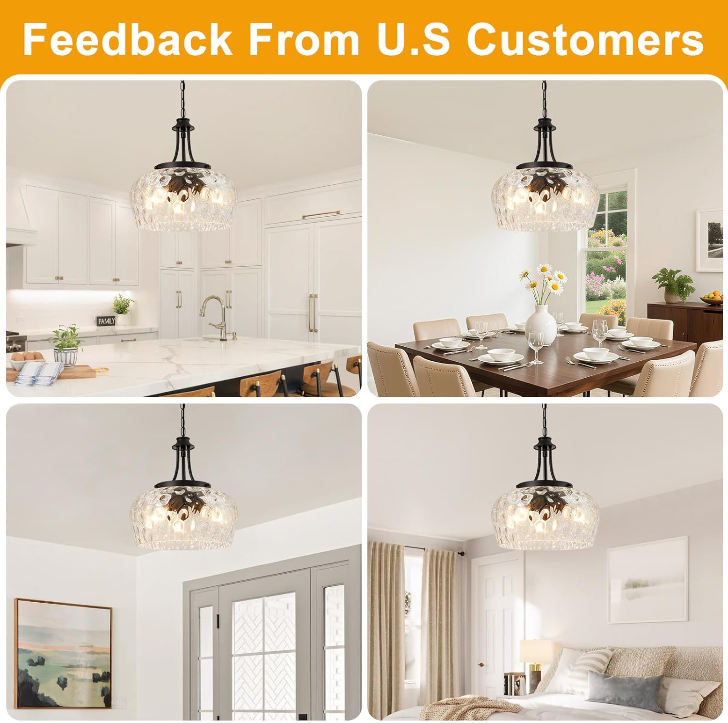 Modern Pendant Lights Kitchen Island, 3-Light Black Pendant Light Fixtures with 14.2" Clear Hammered Glass Shade, Industrial Hanging Pendant Lights Fixture for Kitchen Island, Dining Room, Entryway