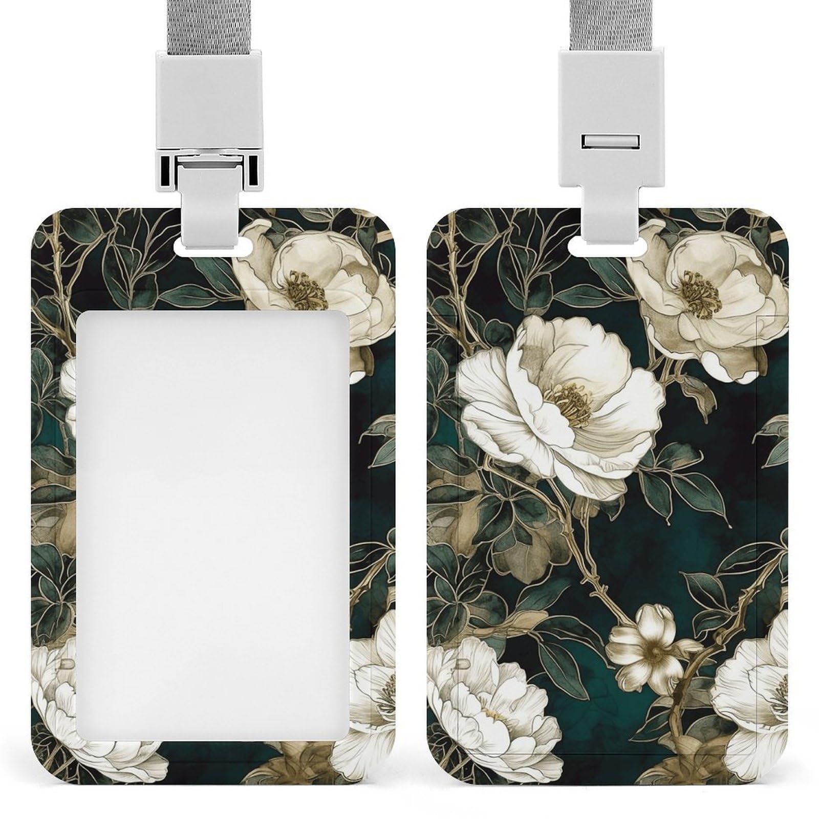 ID Card Holders for Lanyard,White Flowers Printed Badge Holder with Clear Window,Plastic Vertical Bus Pass Holders for Work Teacher Nurse Employees Proximity Key Cards Women Men — image 1